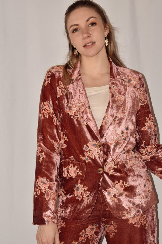 mauve floral velvet blazer with single button enclosure and full length