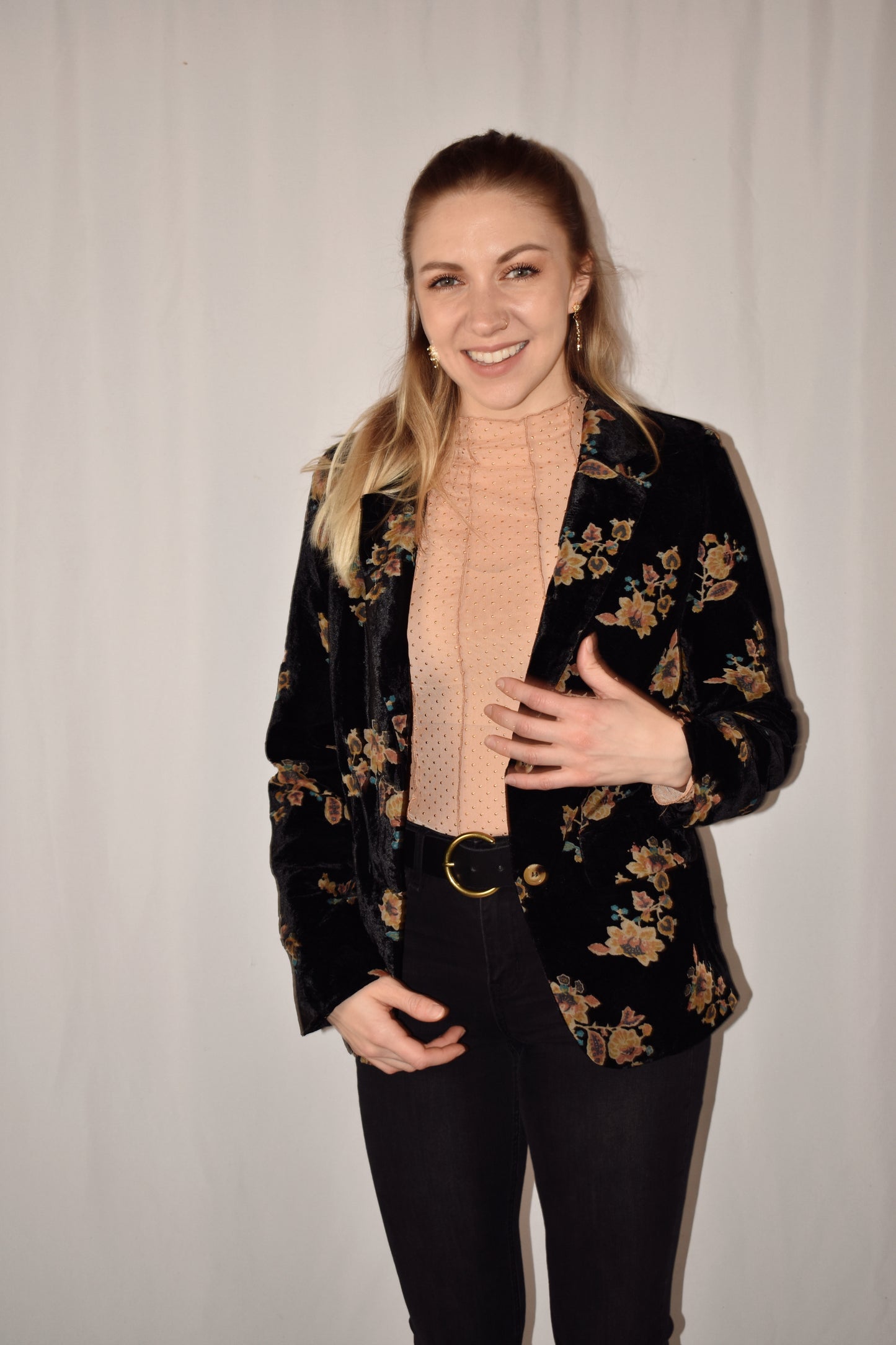 black floral velvet blazer with single button enclosure and full length