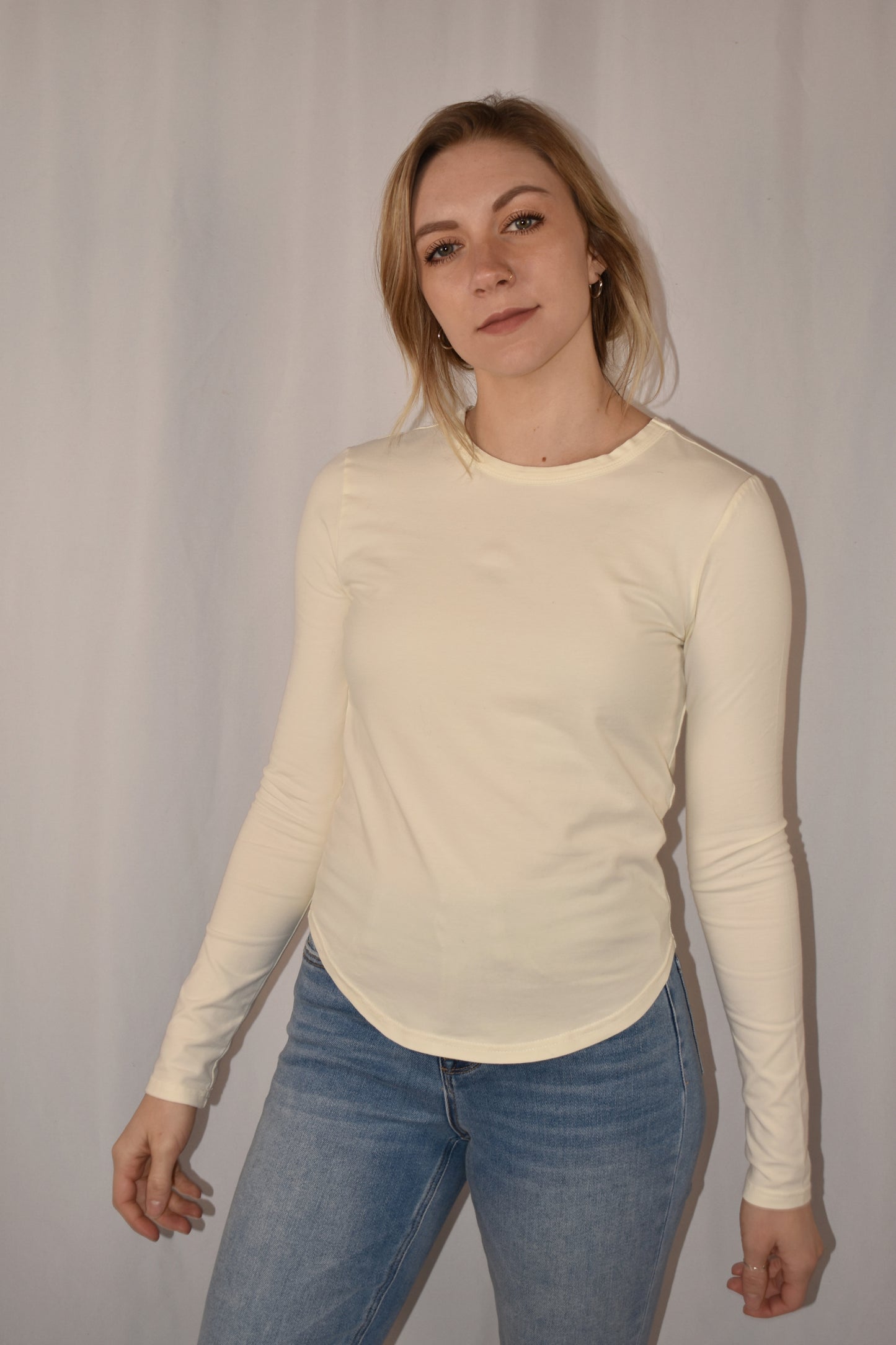 long sleeve crew neck basic tee slightly fitted stretchy material full length 