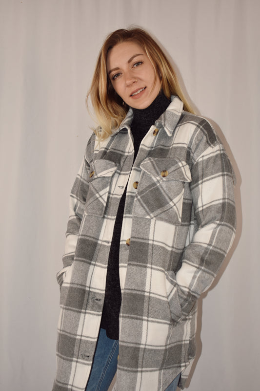 Plaid slightly oversized shacket. thick and mid thigh length with size pockets and breast pockets with flap and button enclosure. button enclosure on front. 