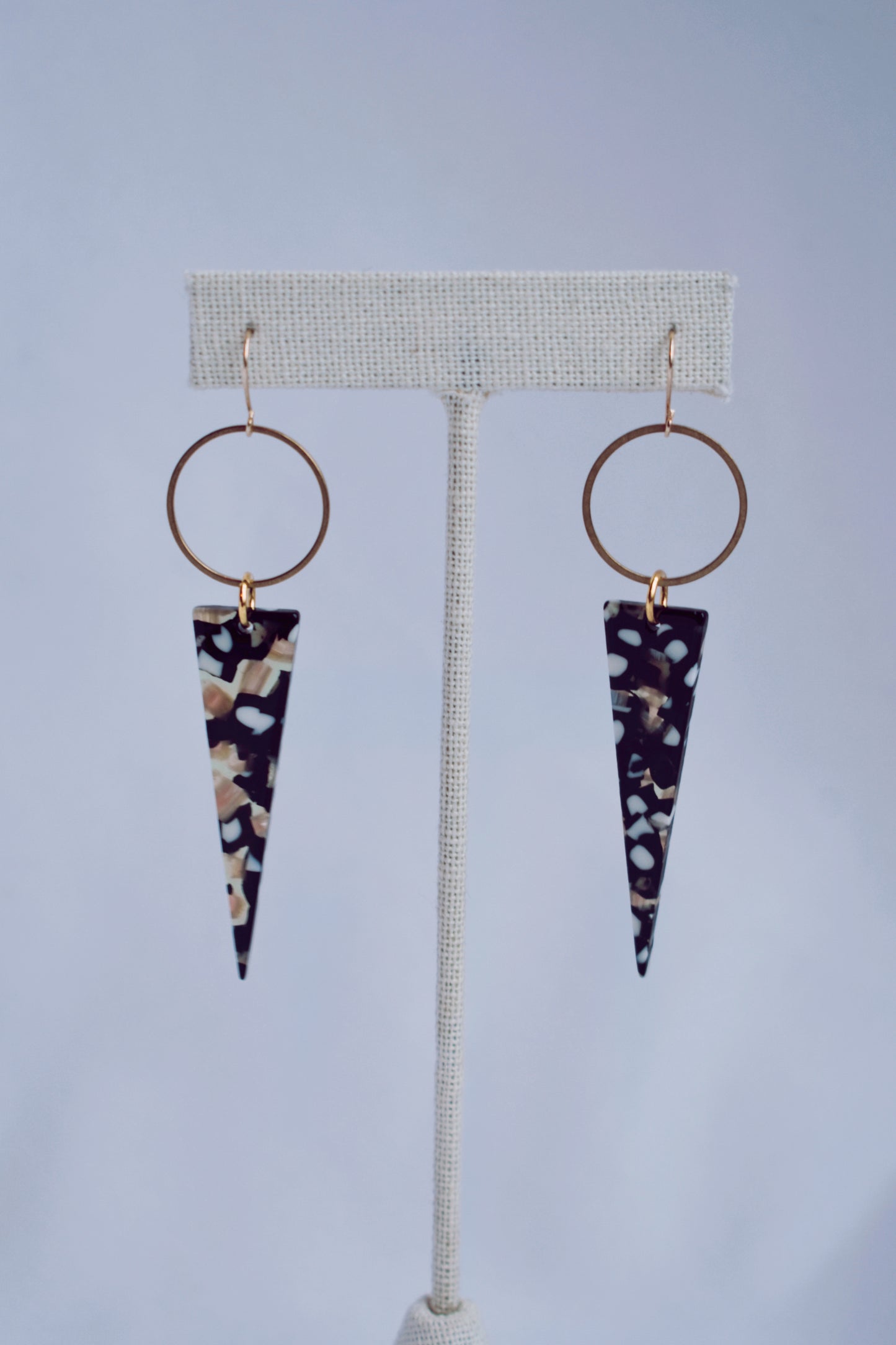 brass circle & colorful acetate triangle lightweight statement earrings