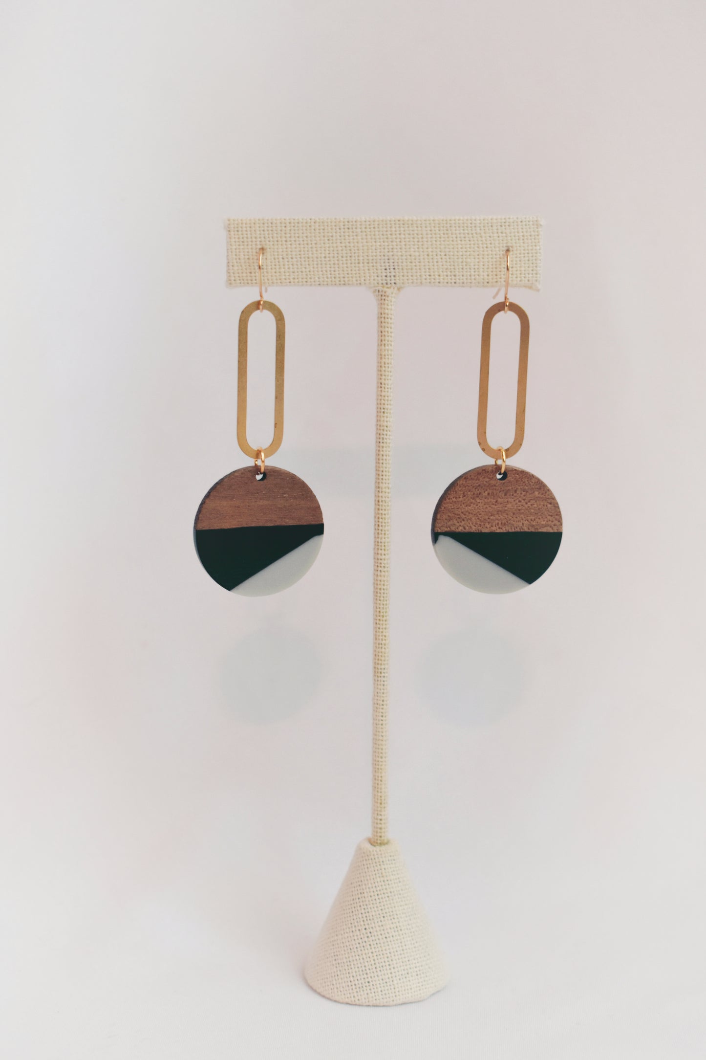 modern walnut  and acetate raw brass pendant gold plated earrings