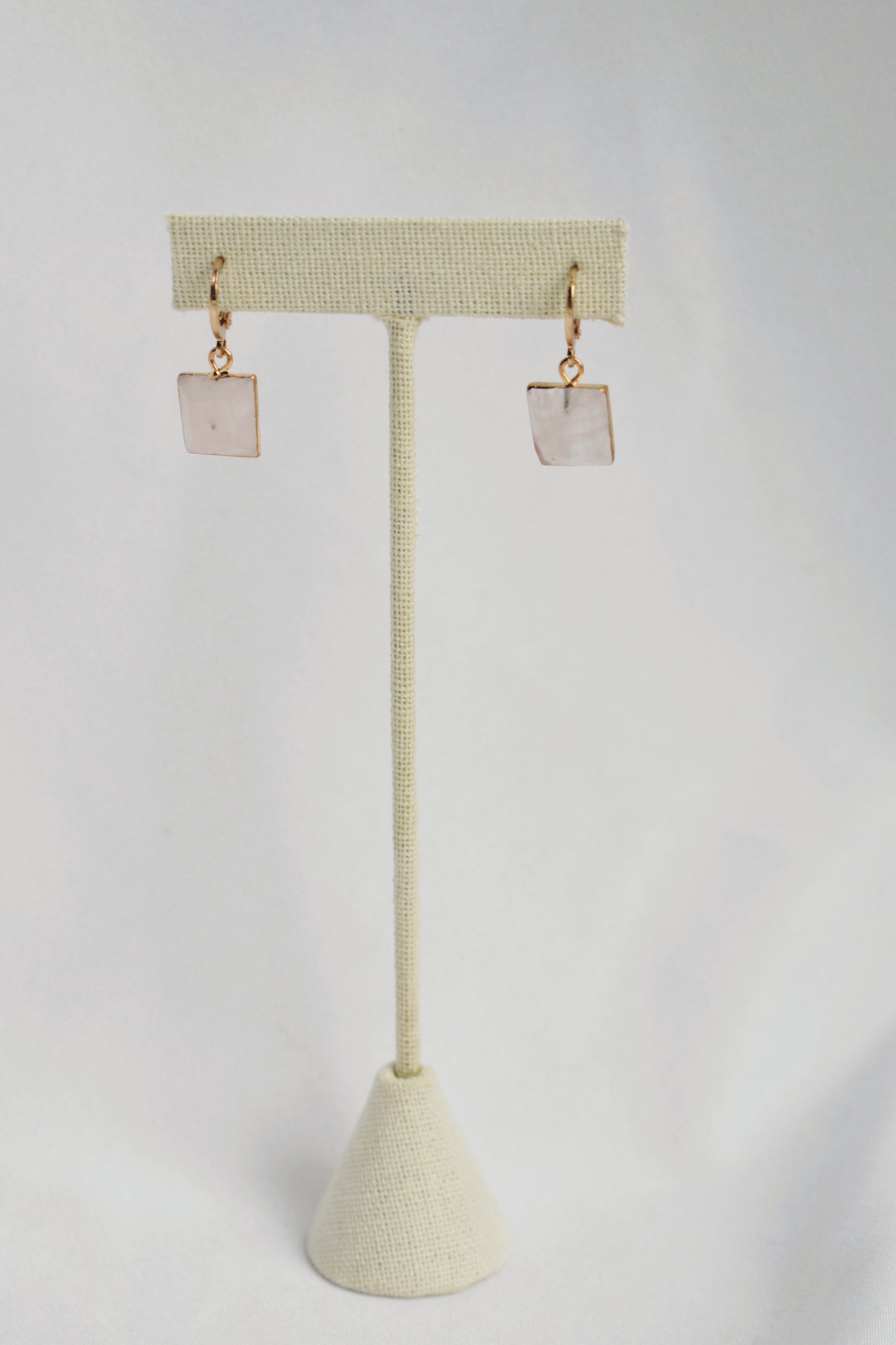 dainty faceted rose quartz square huggie style hoop earrings