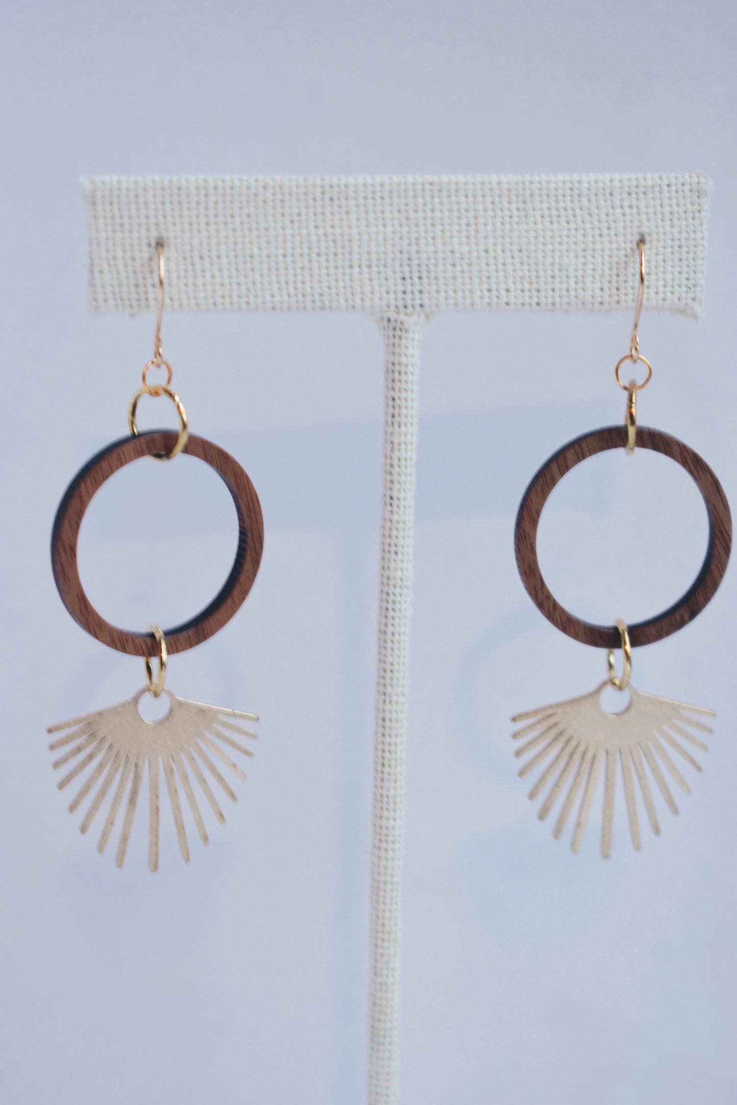 light weight boho statement walnut ring and brass sunburst pendant earrings