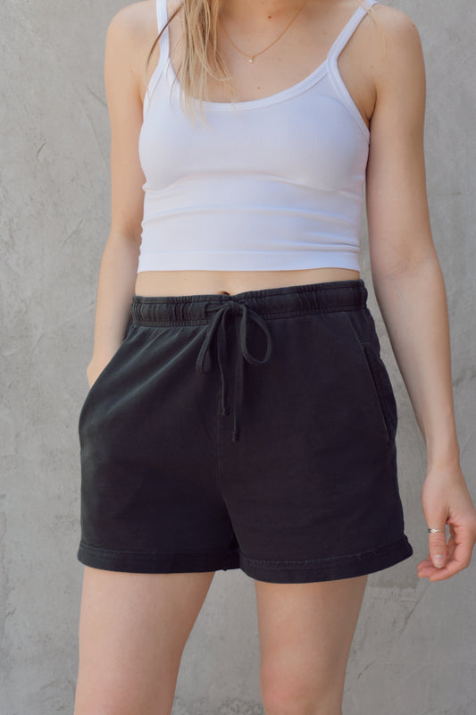 sweat shorts, jersey drawstring shorts, side pockets, loose fitting, comfortable.  thick fabric
