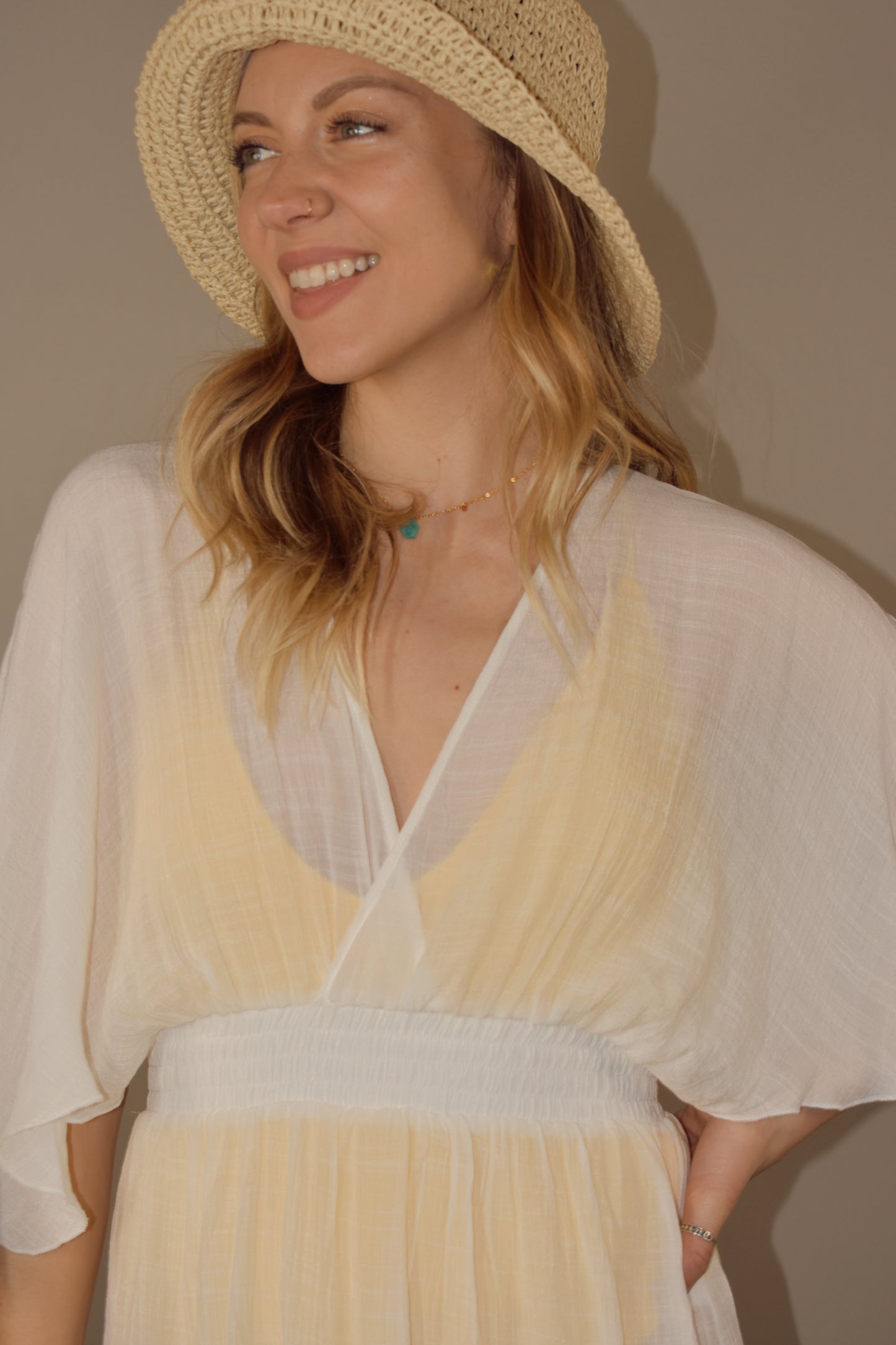 white swim suit cover up, v neck, smocked stretchy waistband, mini length, flowy open sleeves that hit at the elbow 