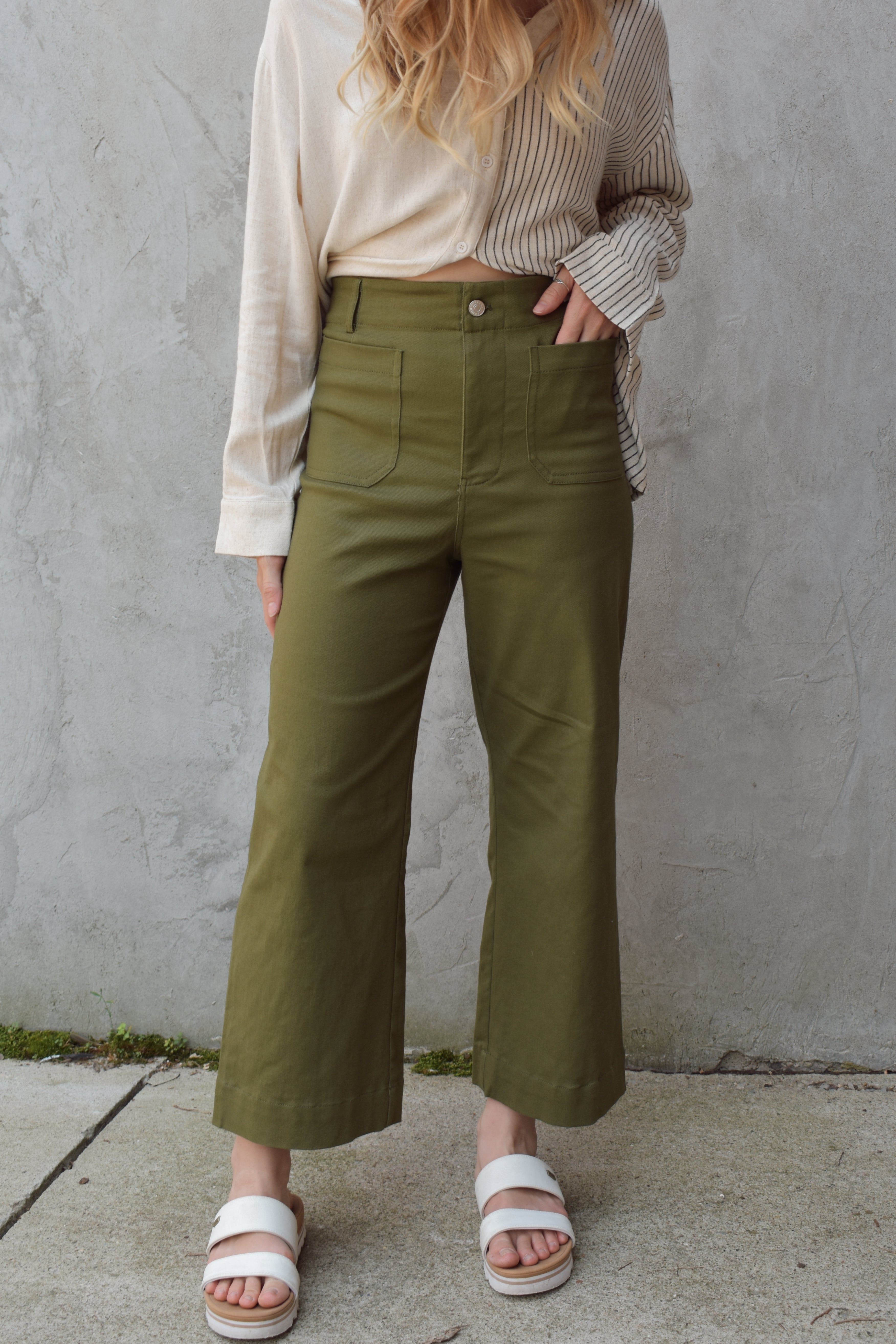 Olive green cropped wide leg pants hotsell