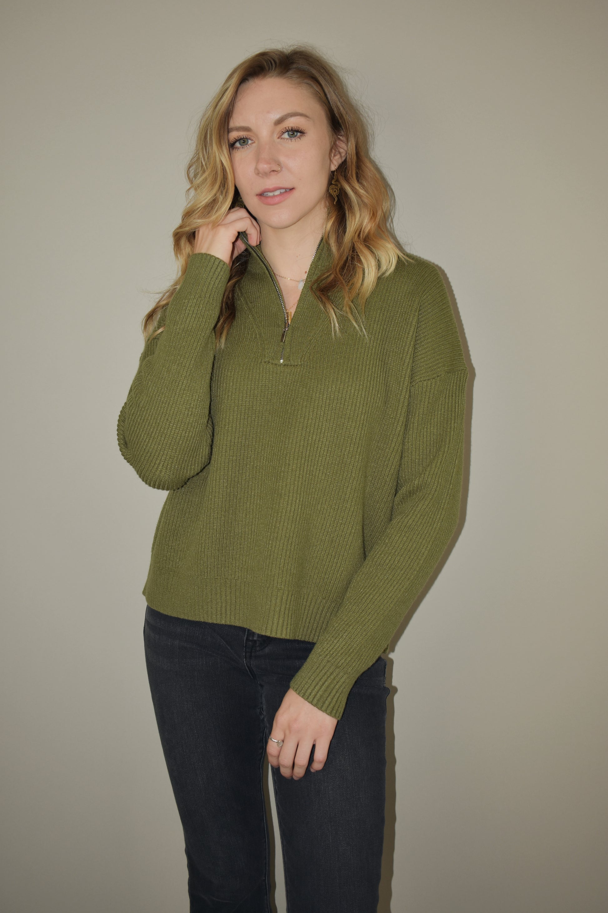 full length sweater with quarter zip and high collar ribbed pullover knit drop shoulders 