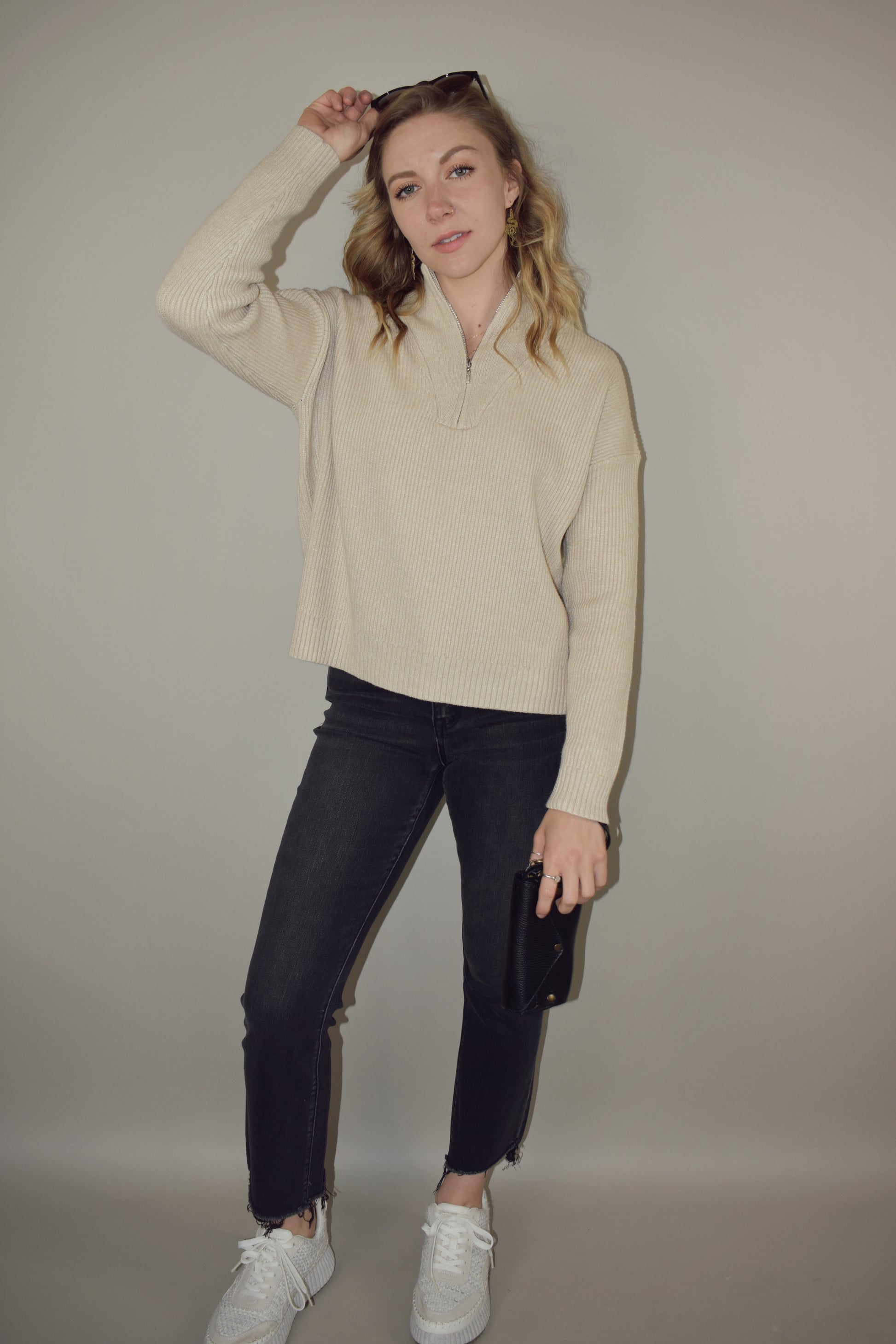 full length sweater with quarter zip and high collar ribbed pullover knit drop shoulders 