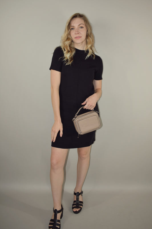 semi mock neck tee sweater dress with exposed seam detail down the front length hits above the knee