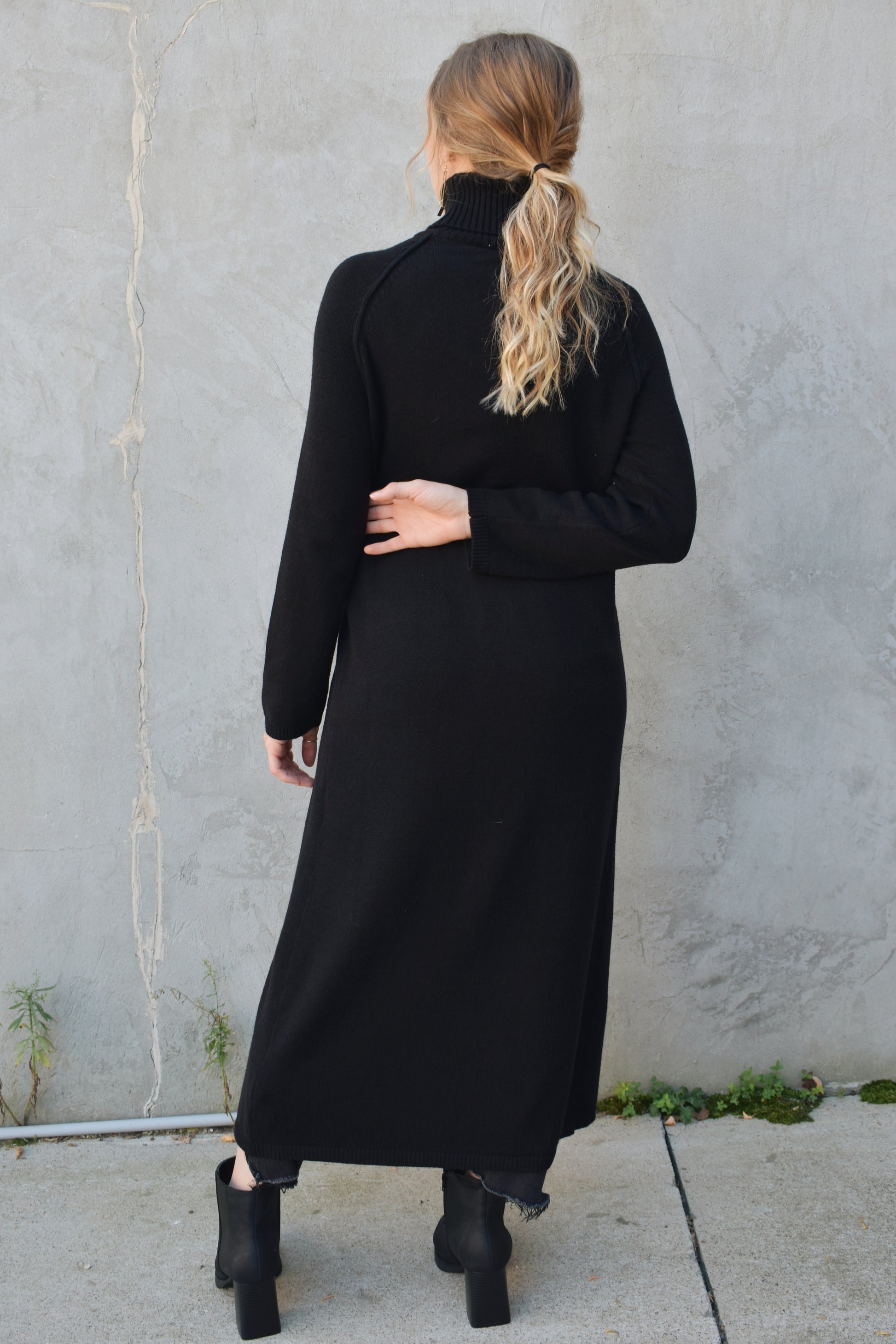 turtleneck tunic sweater/midi dress - slit in front comes all the way up to navel and has a exposed seam detail down the front and on the shoulders