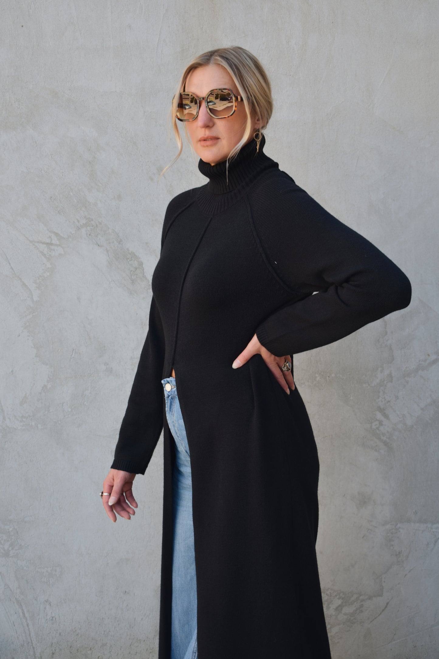 turtleneck tunic sweater/midi dress - slit in front comes all the way up to navel and has a exposed seam detail down the front and on the shoulders