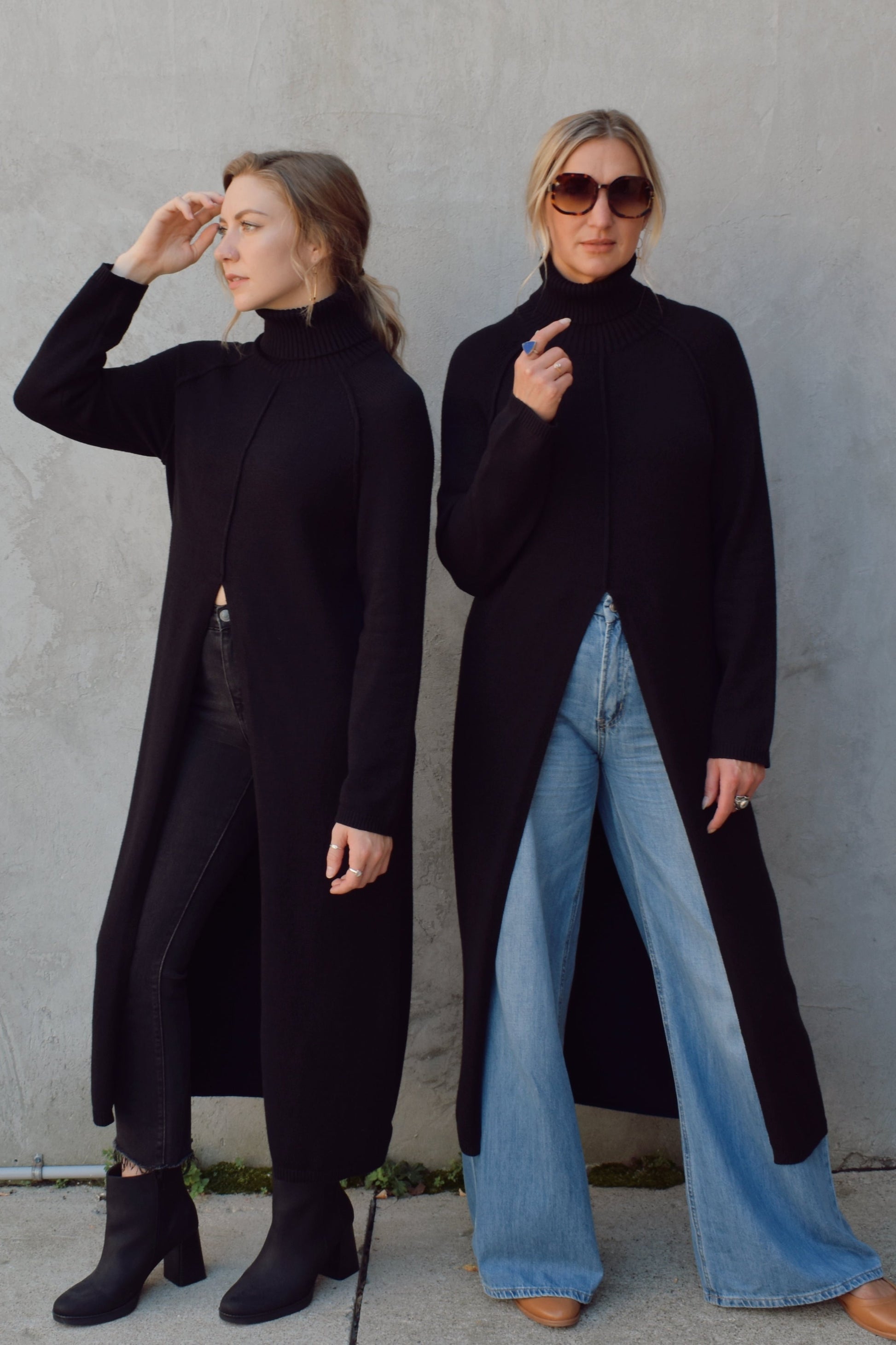 turtleneck tunic sweater/midi dress - slit in front comes all the way up to navel and has a exposed seam detail down the front and on the shoulders