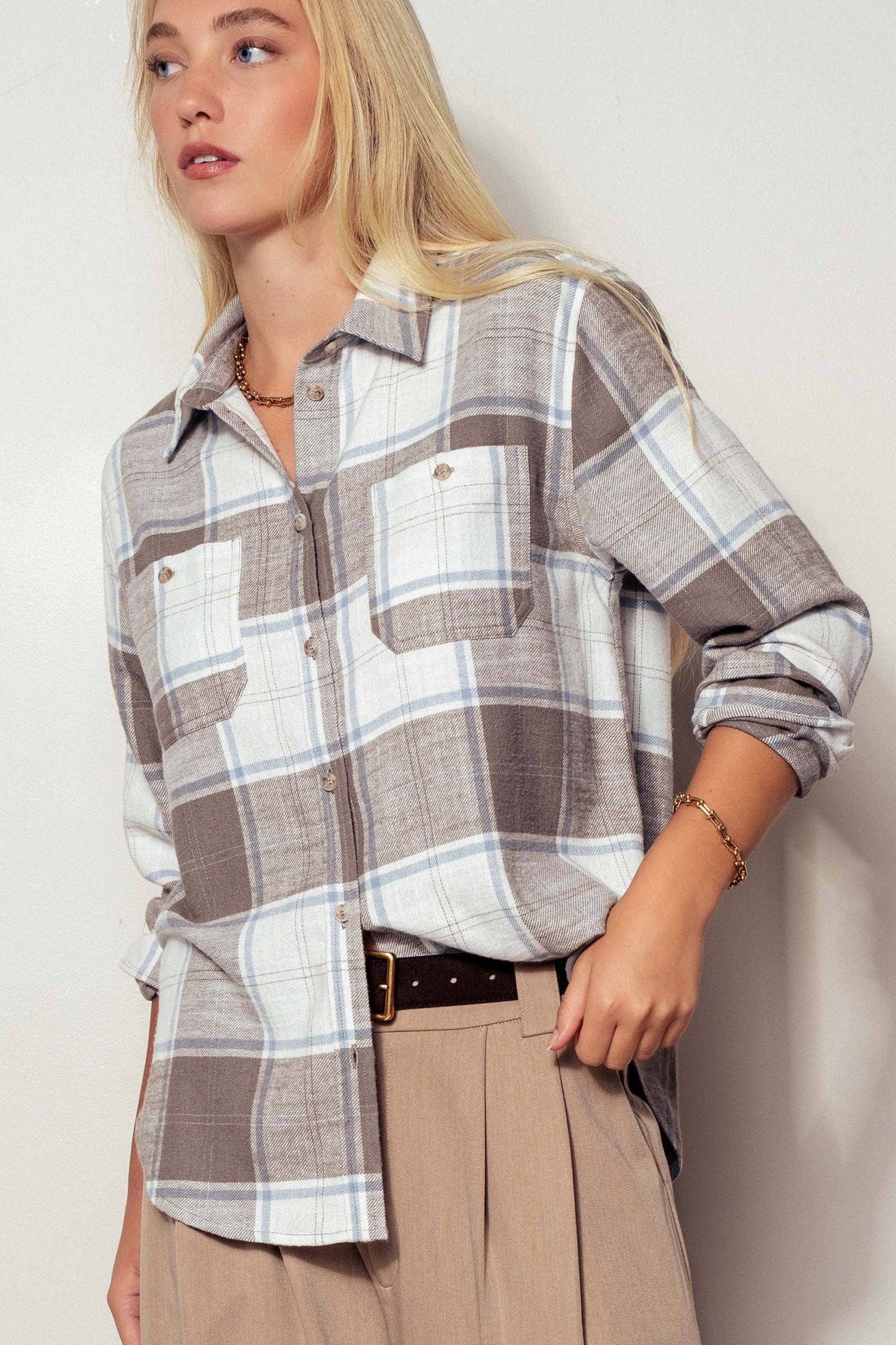 Urban Daizy - Western Plaid Button-Up Relaxed Fit Shirt