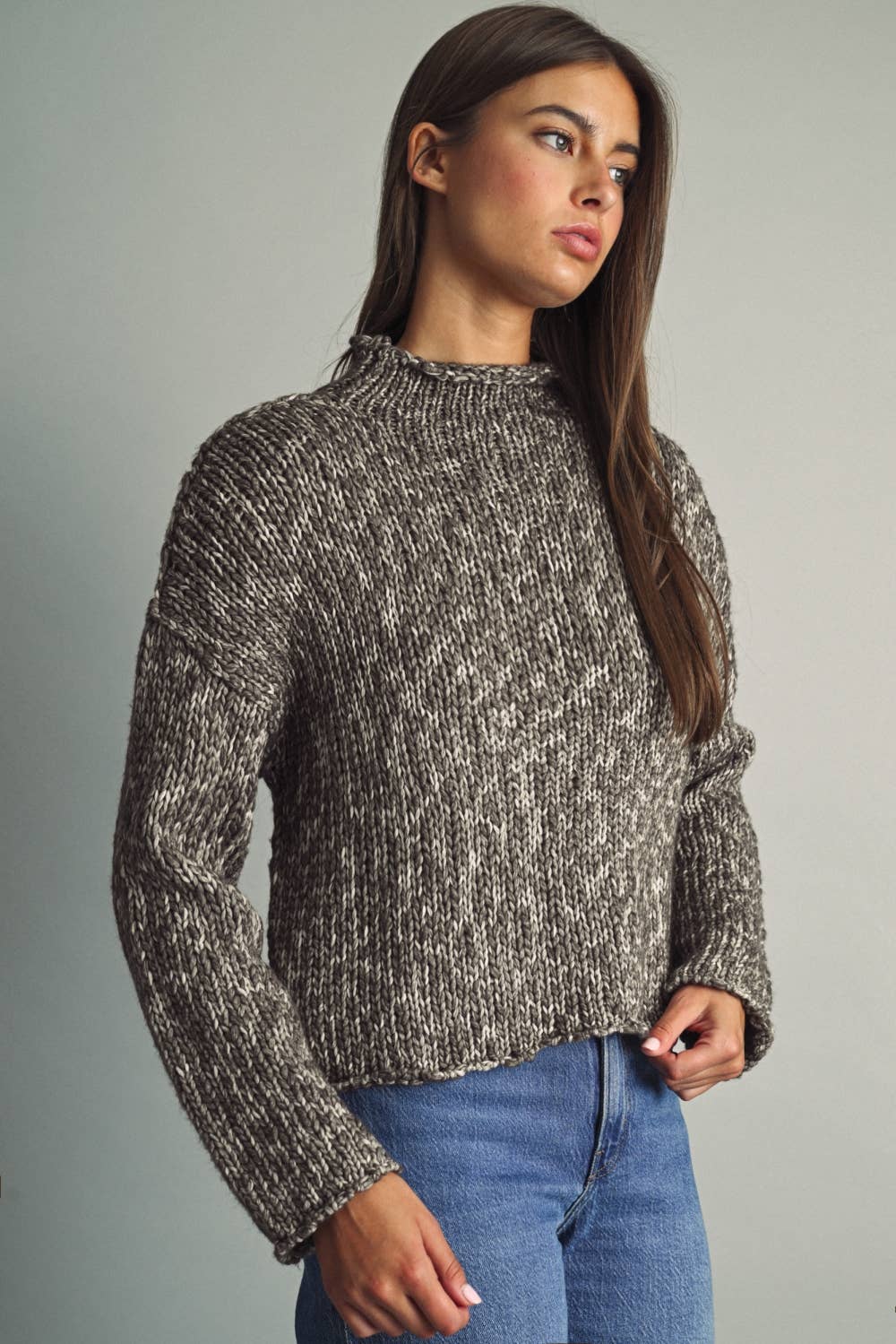 MIOU MUSE - T6753   ROLL HEMMING LONG SLEEVE SWEATER TOP