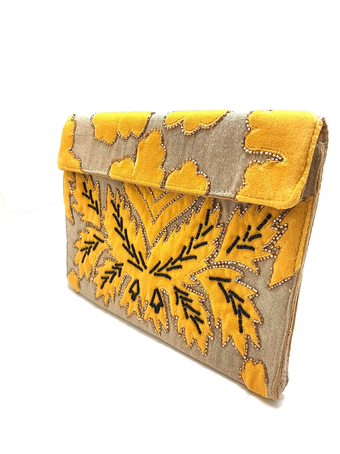mustard velvet applique clutch
