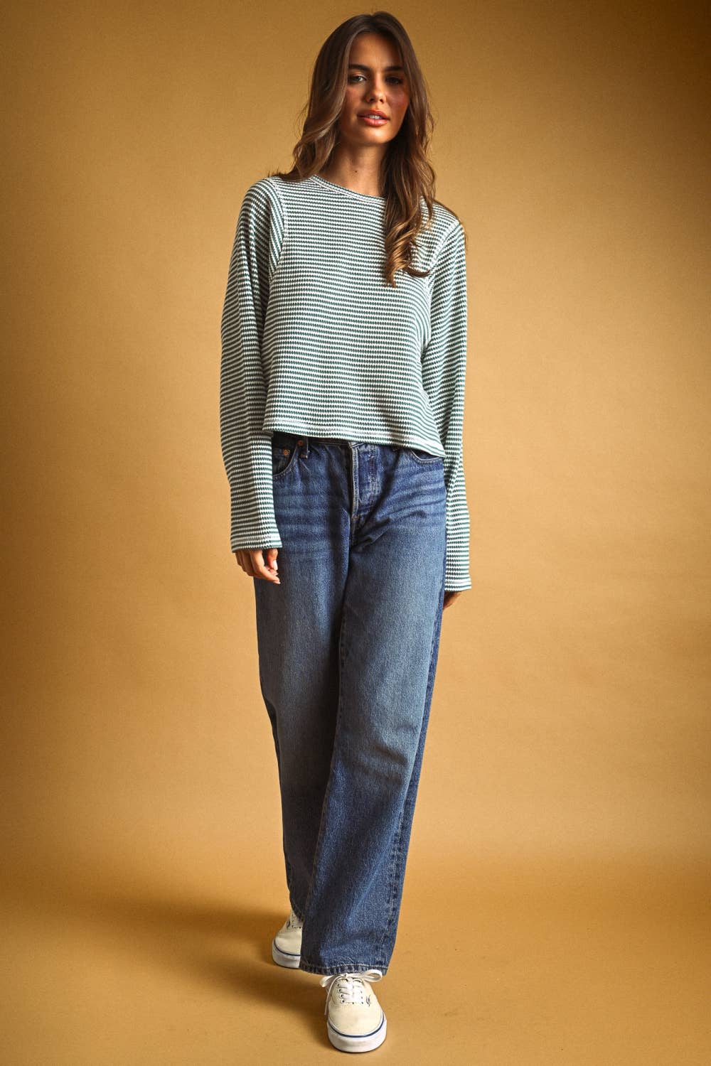 MIOU MUSE - ET6930   STRIPED WAFFLE FABRIC LONG SLEEVE TOP
