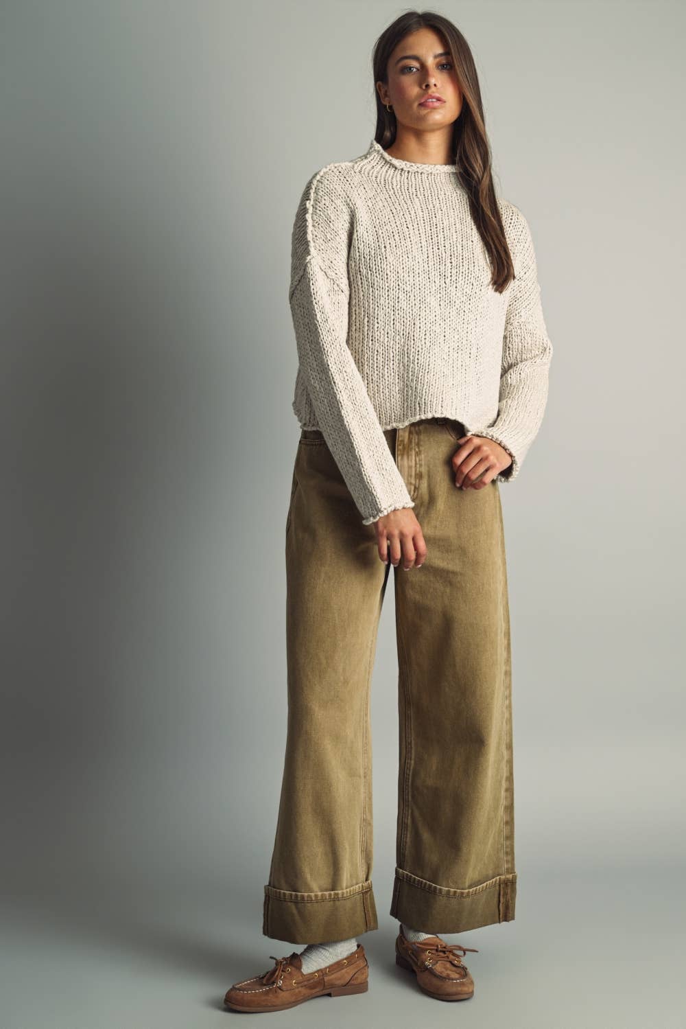 MIOU MUSE - T6753   ROLL HEMMING LONG SLEEVE SWEATER TOP