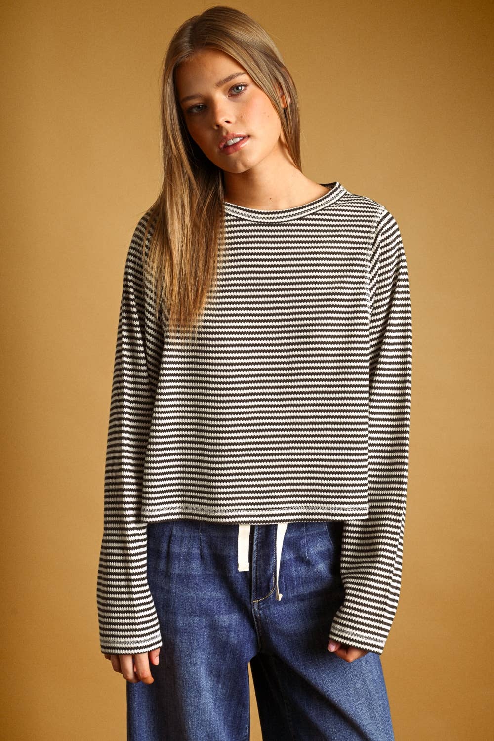 MIOU MUSE - ET6930   STRIPED WAFFLE FABRIC LONG SLEEVE TOP