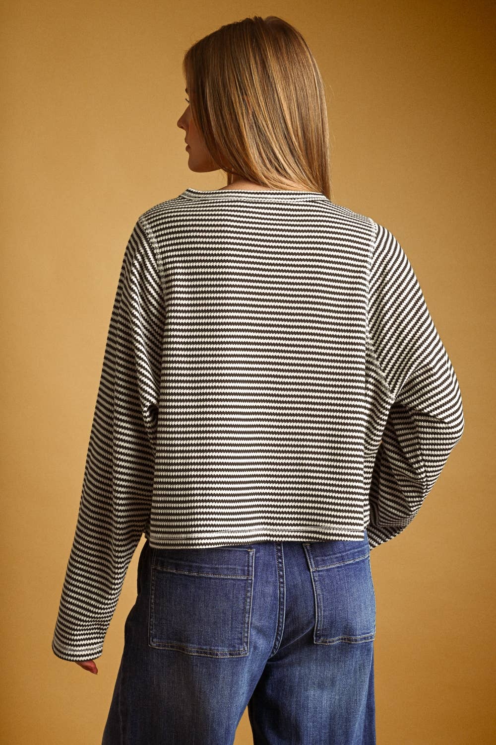 MIOU MUSE - ET6930   STRIPED WAFFLE FABRIC LONG SLEEVE TOP