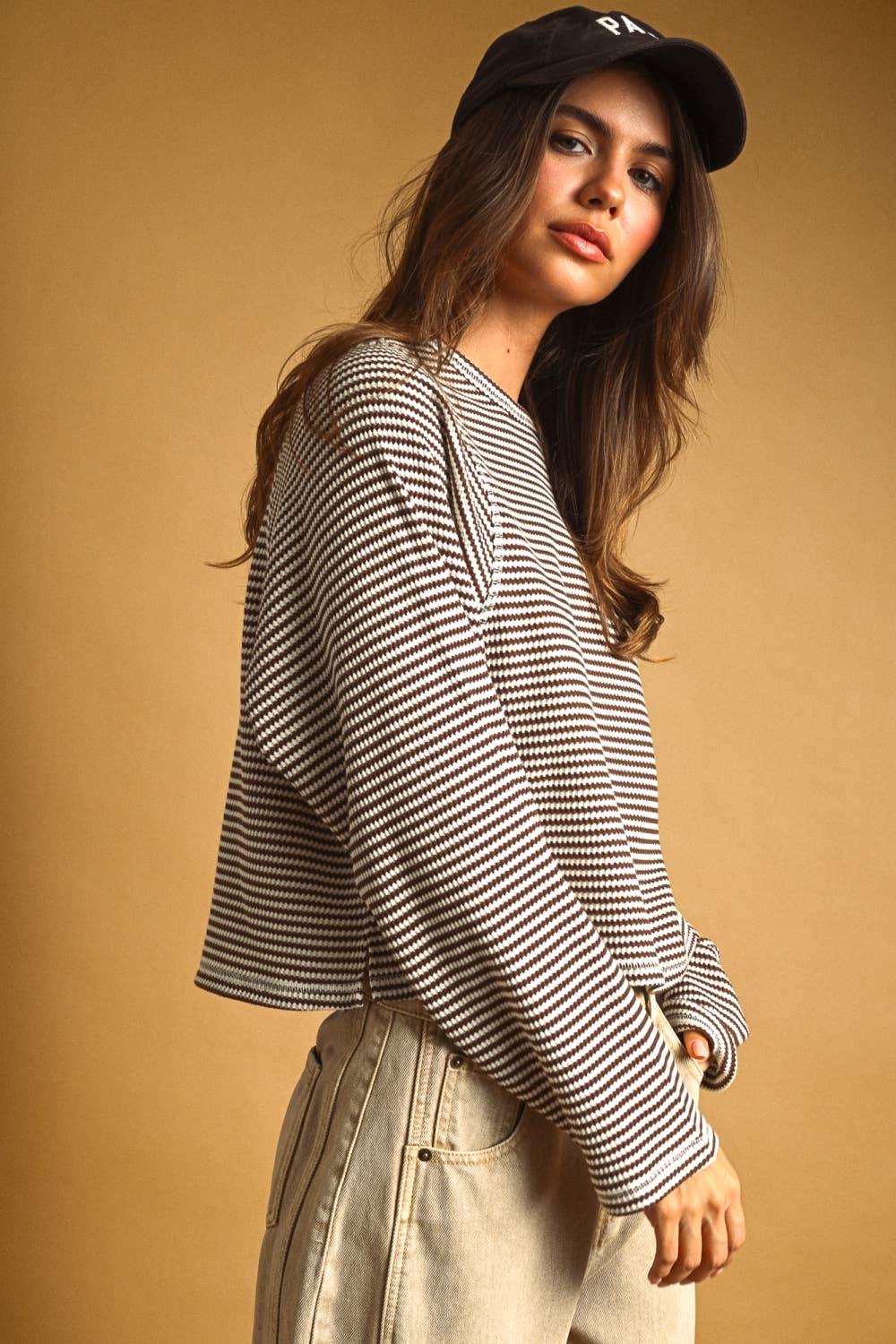 MIOU MUSE - ET6930   STRIPED WAFFLE FABRIC LONG SLEEVE TOP