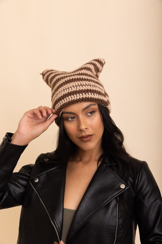 crocheted striped cat ear style fall & winter trending beanie hat beige and brown