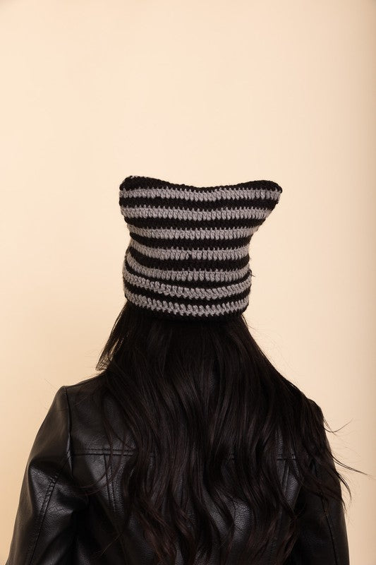 crocheted striped cat ear style fall & winter trending beanie hat black and gray