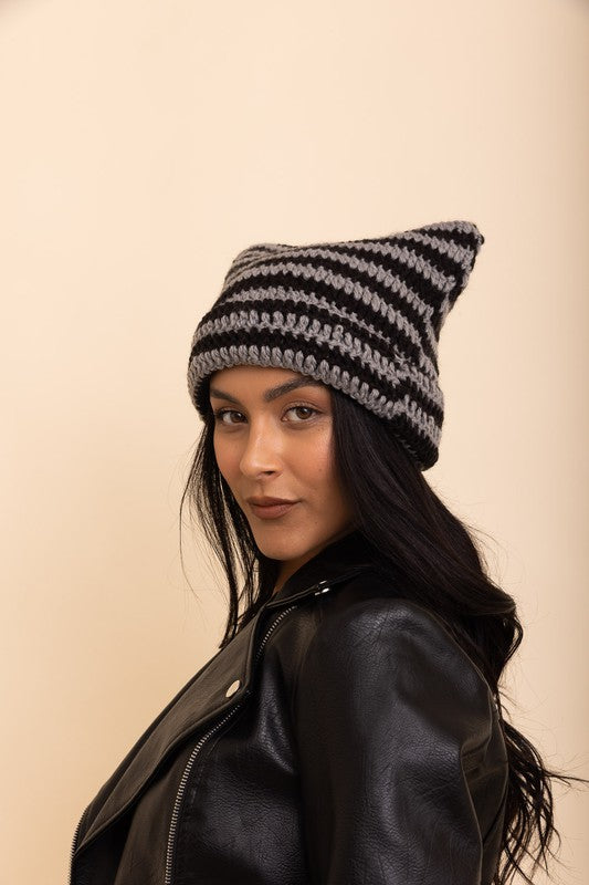 crocheted striped cat ear style fall & winter trending beanie hat black and gray