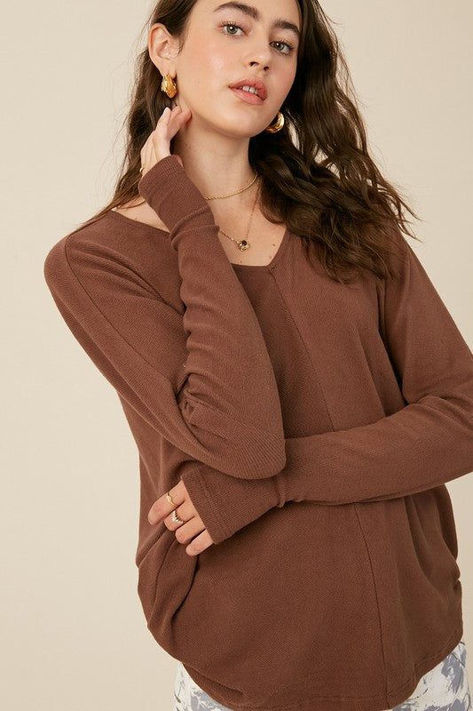 Brown ribbed long sleeve full length stretchy knit top with super soft fabric, dolman sleeves, thumb holes, and a v neck.