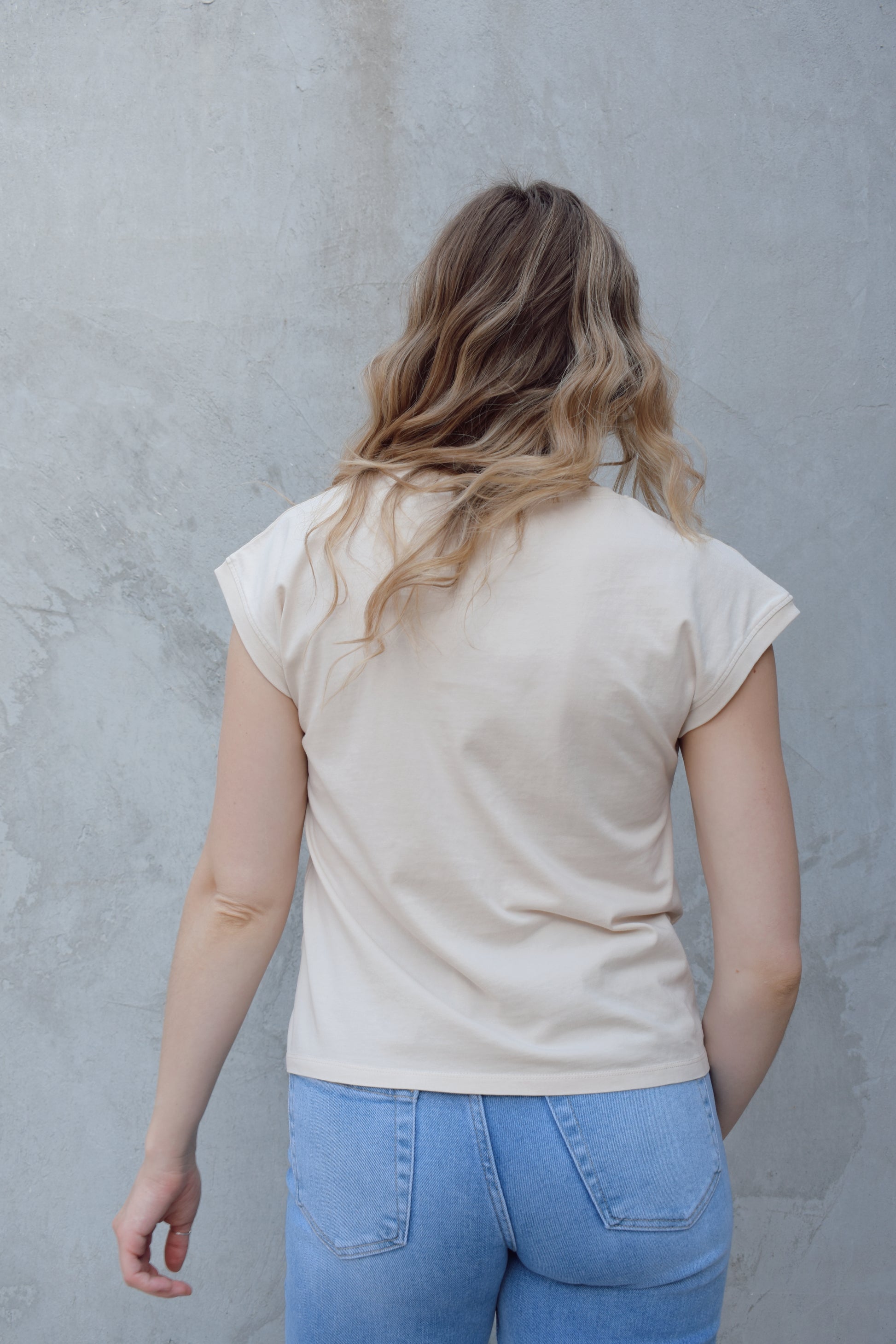 cap sleeve top with round neck relaxed fit slightly cropped basic essential staple 