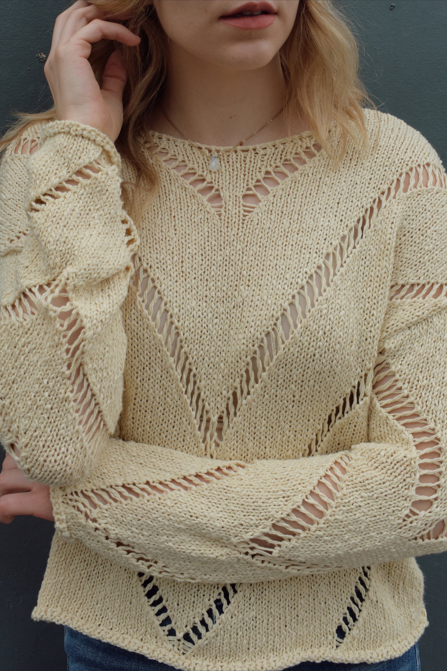 chevron openwork knit sweater with round neck, relaxed fit, extended sleeves, drop shoulders, unique piece