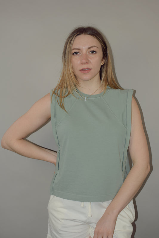 boxy seamed tank with side panel detail cotton fabric crewneck full length straight fit