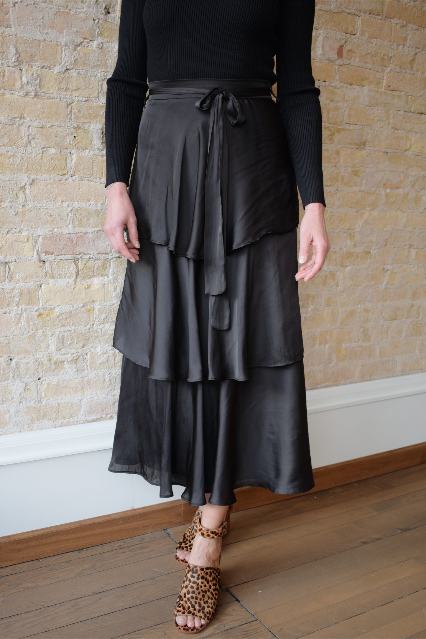 belted satin midi skirt