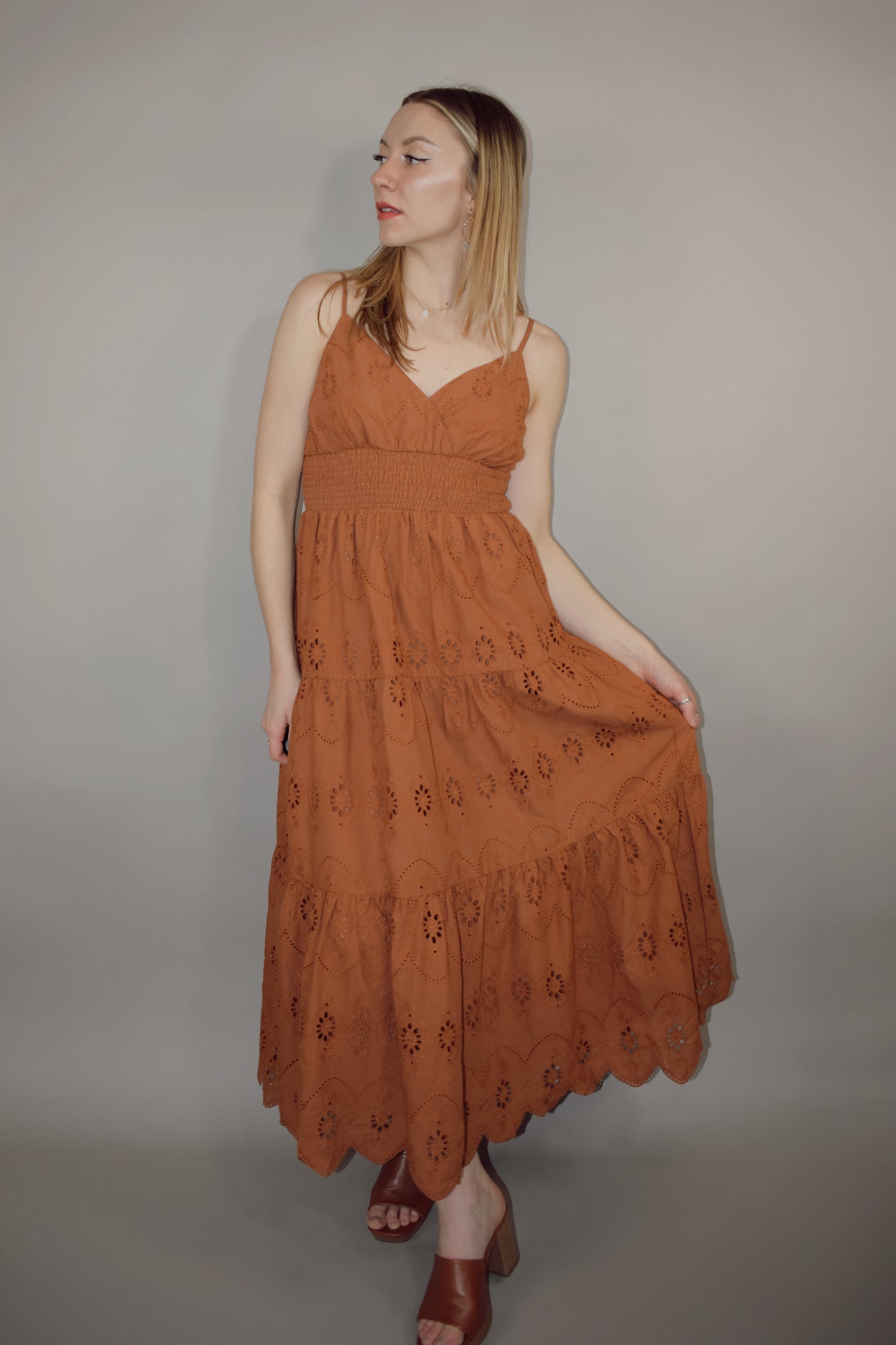 spaghetti strap midi eyelet dress with wide smocked waistband adjustable straps scalloped edges v neck 