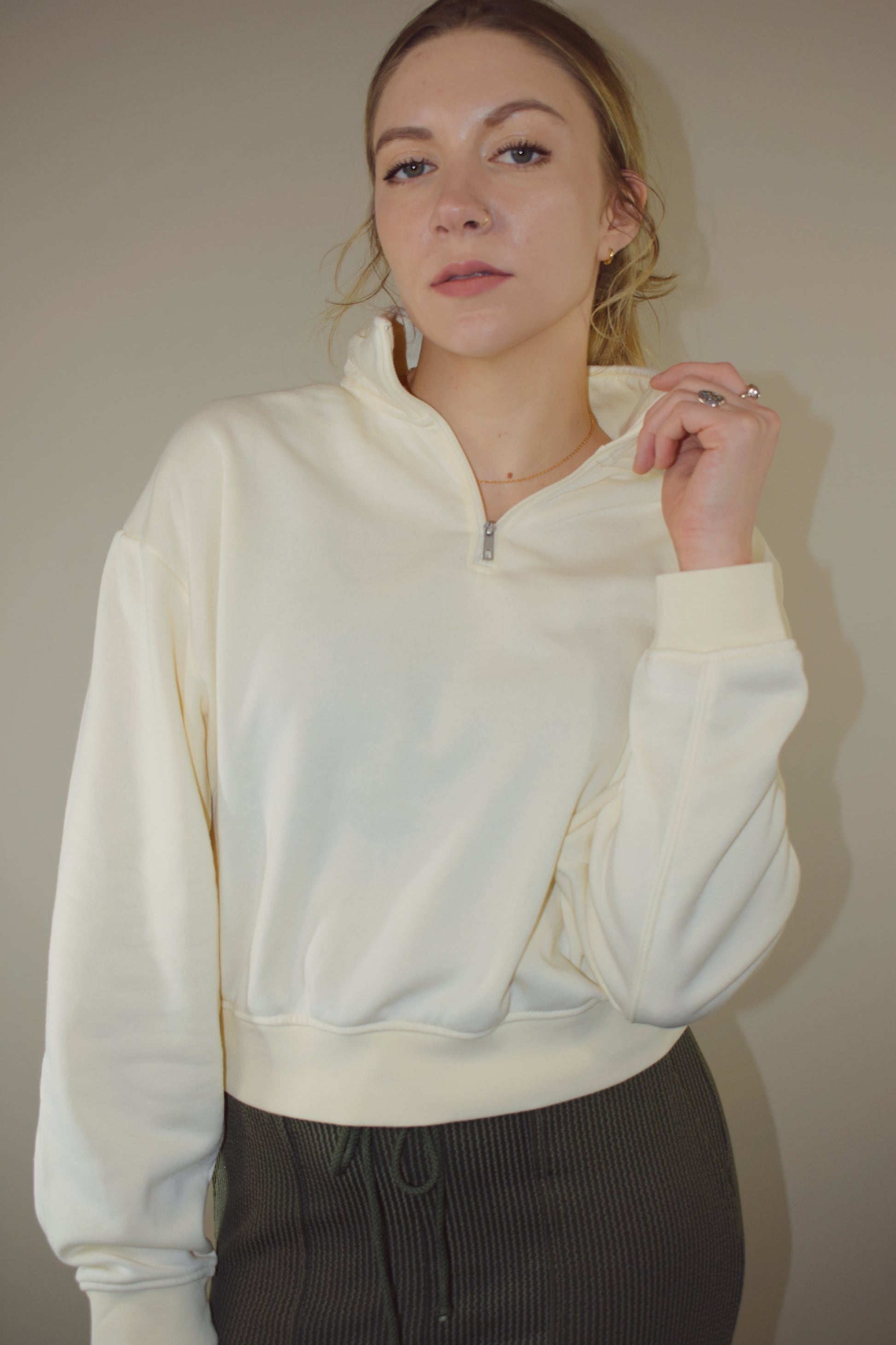 quarter zip long sleeve sweatshirt with drop shoulders, full length, relaxed fit, super soft. athleisure