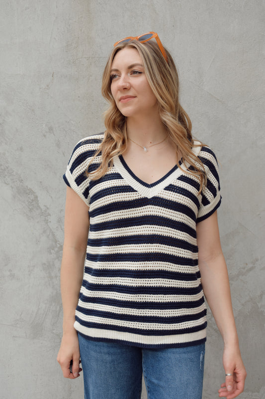 short sleeve v neck crochet sweater top with horizontal stripes, full length relaxed fit, breathable