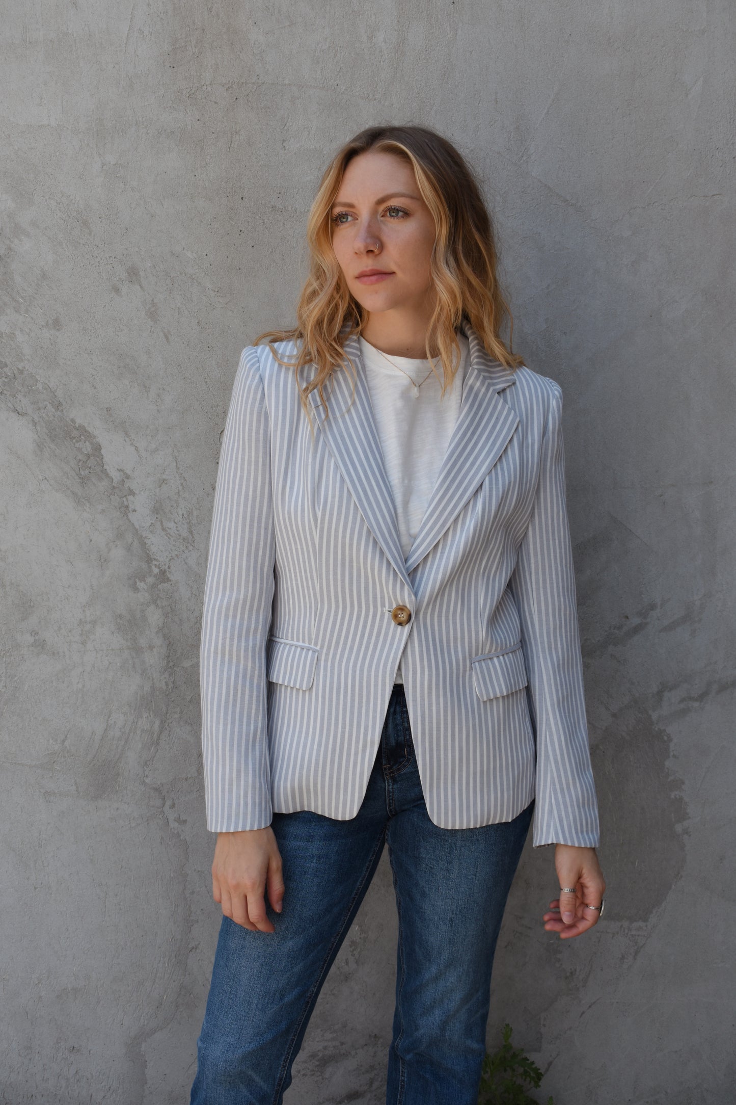 striped single button blazer