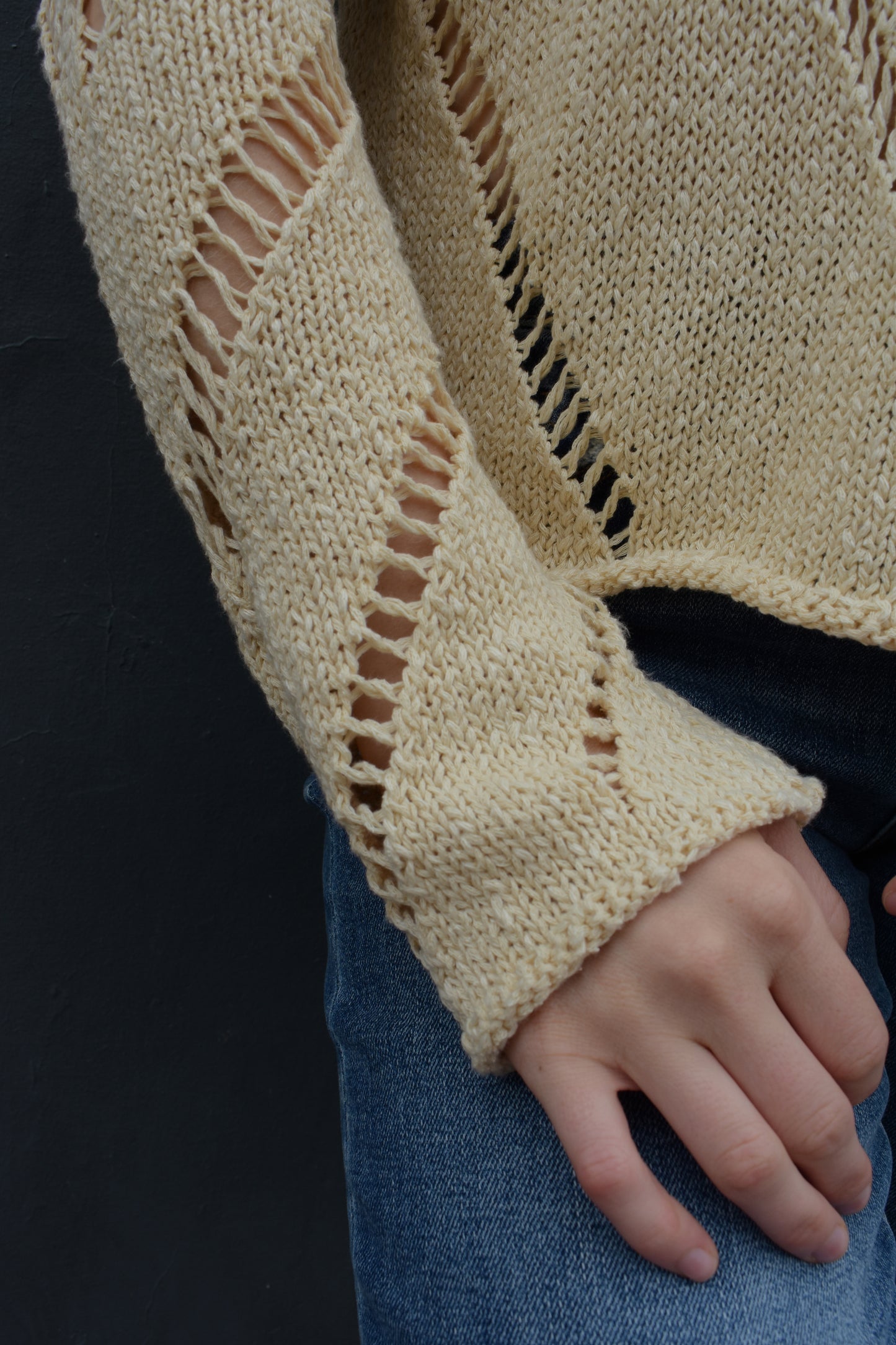 chevron openwork knit sweater with round neck, relaxed fit, extended sleeves, drop shoulders, unique piece