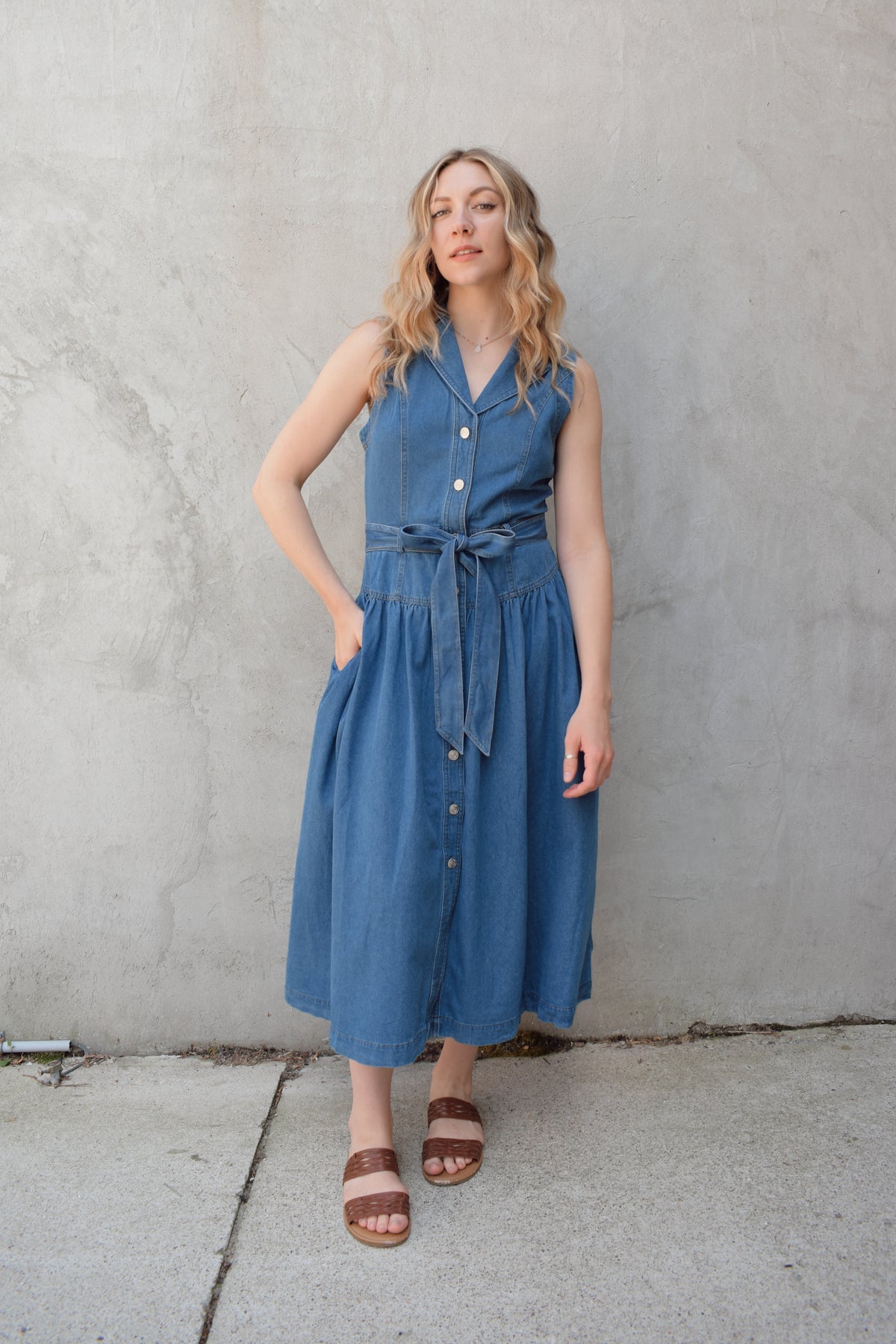 button down denim midi dress &merci sleeveless collared shirt denim / Medium Line dry Model red quinceanera dresse Size:US16 Empire Line Wedding Dress