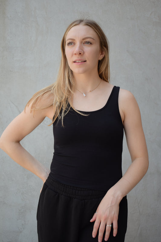 Ribbed tank top with built in bra and scoop neckline athleisure basics fitted 
