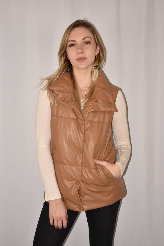 oversized full length faux puffer vest with size pockets, zip front with snaps