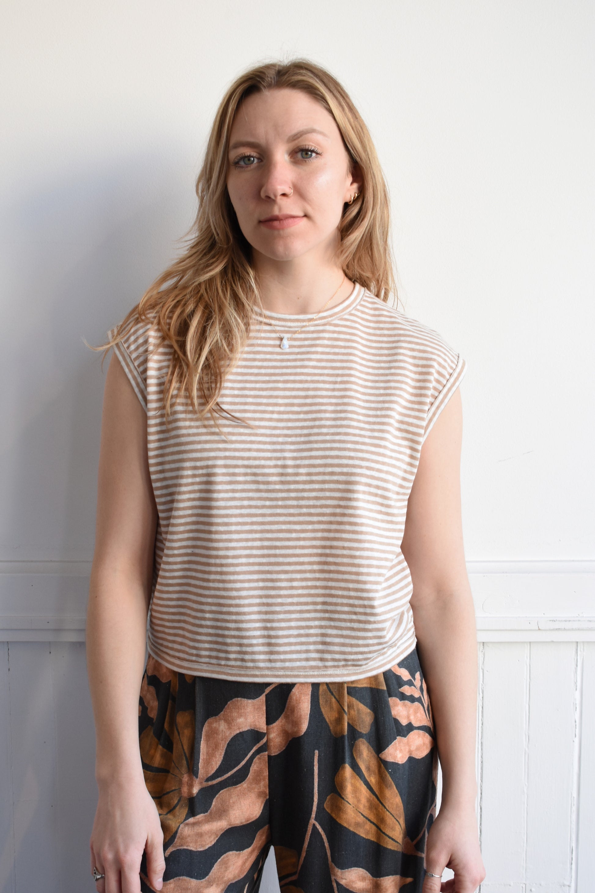 cap sleeve boxy t-shirt with horizontal stripes