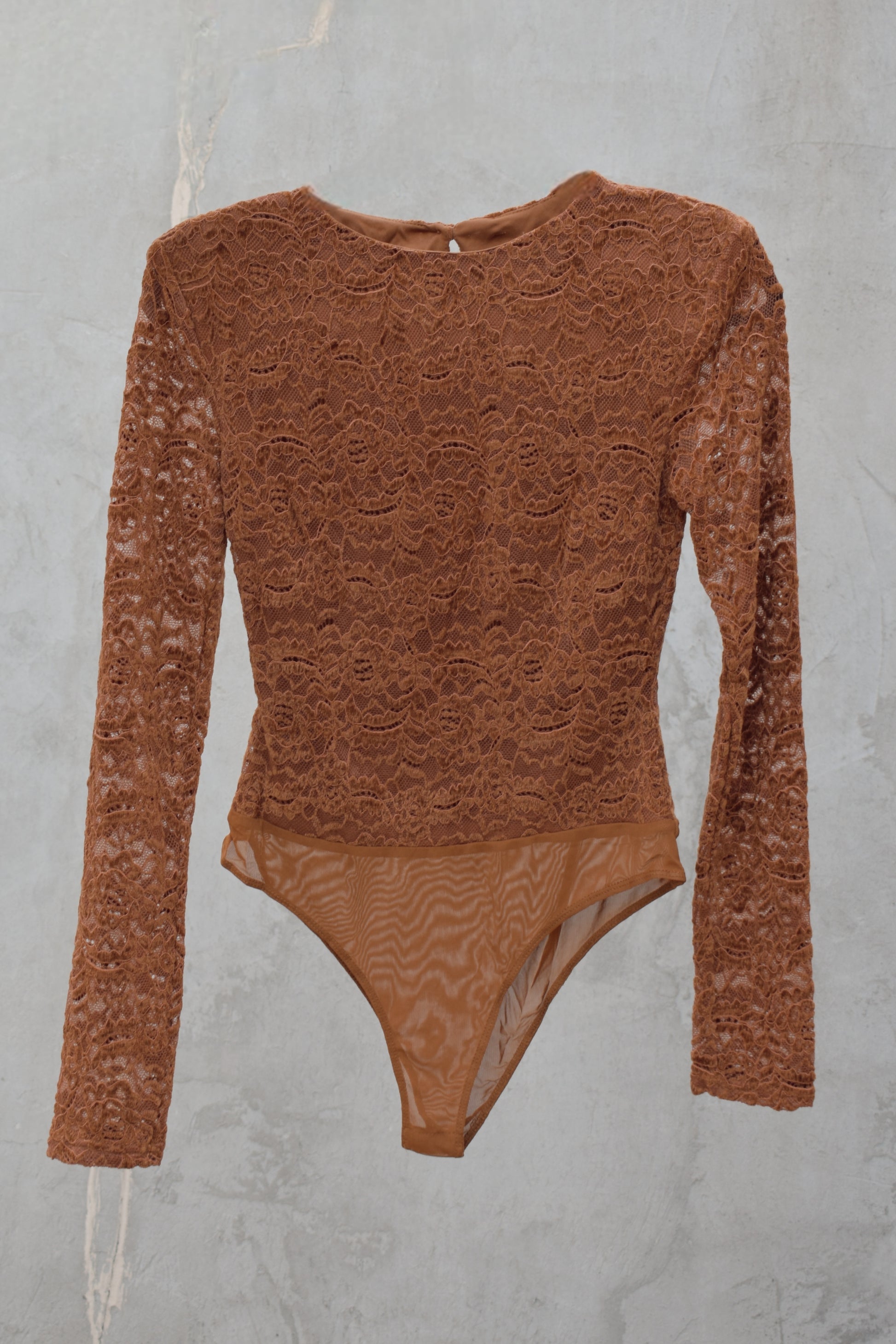 fitted high neck long sleeve lace bodysuit thick material mesh bottom with snaps - keyhole and button on back neckline