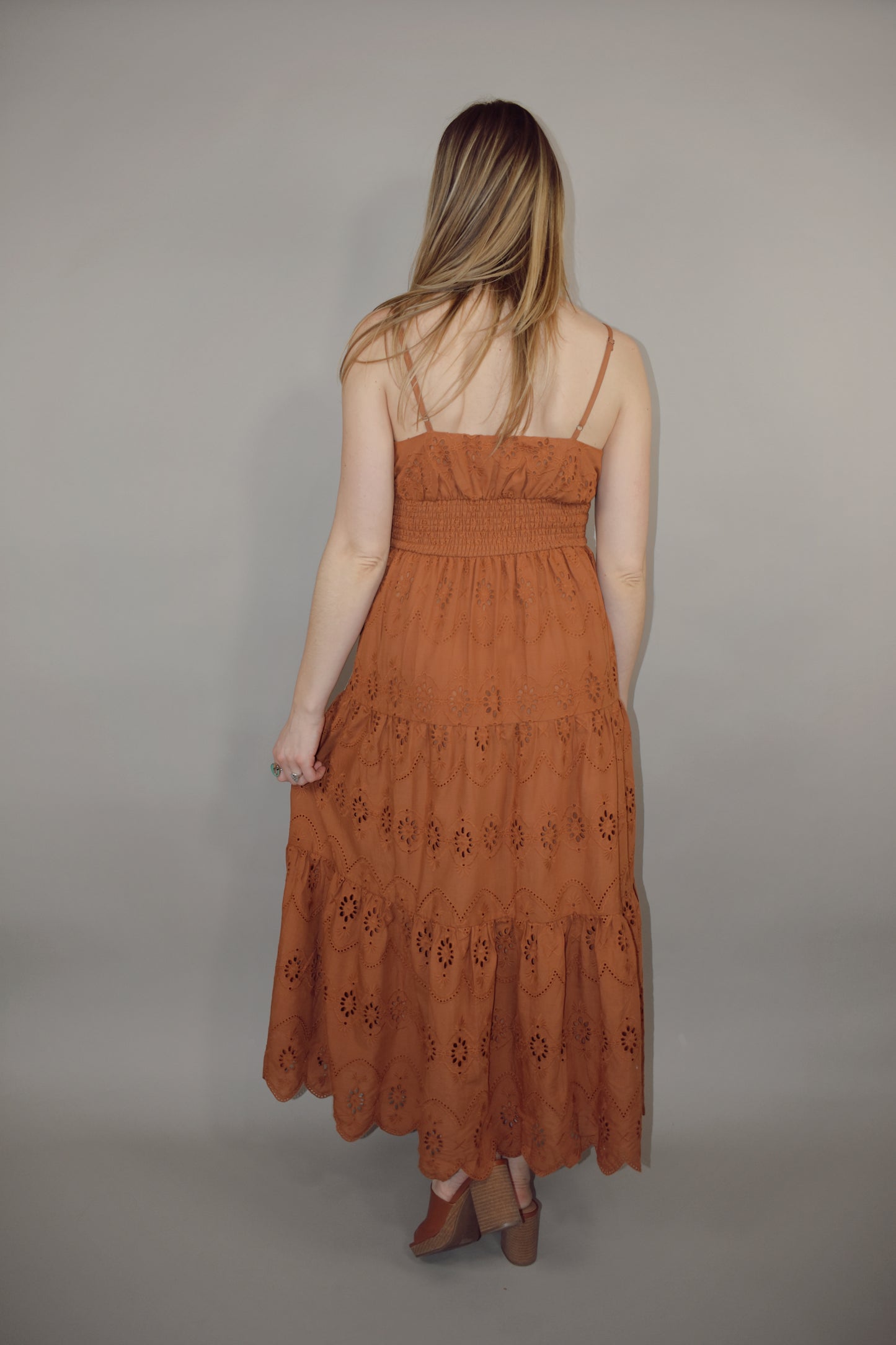 spaghetti strap midi eyelet dress with wide smocked waistband adjustable straps scalloped edges v neck 