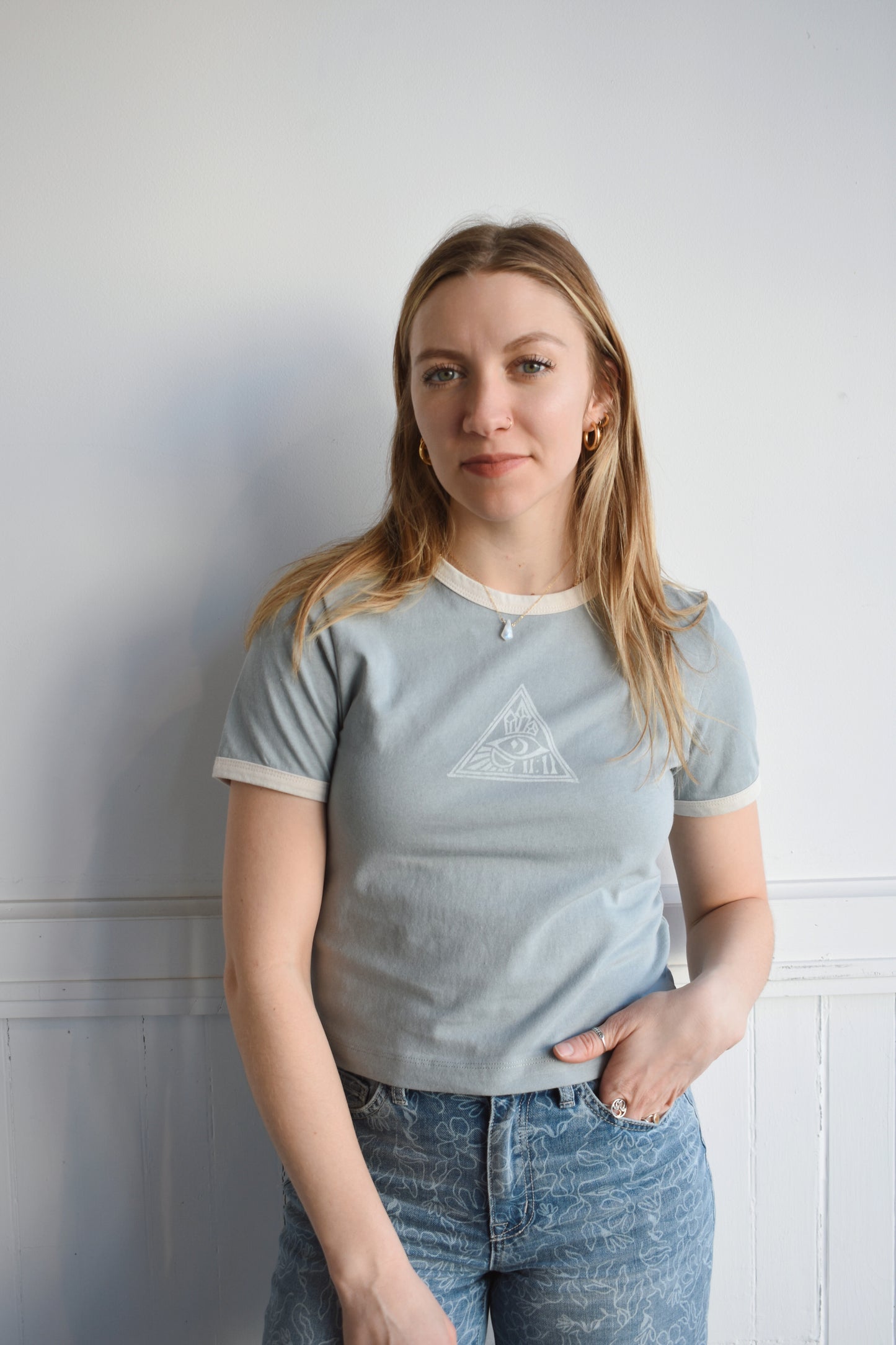 linocut print ringer tee