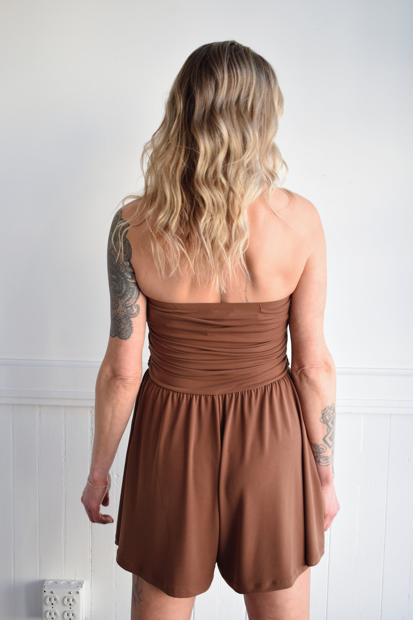 ruched strapless romper