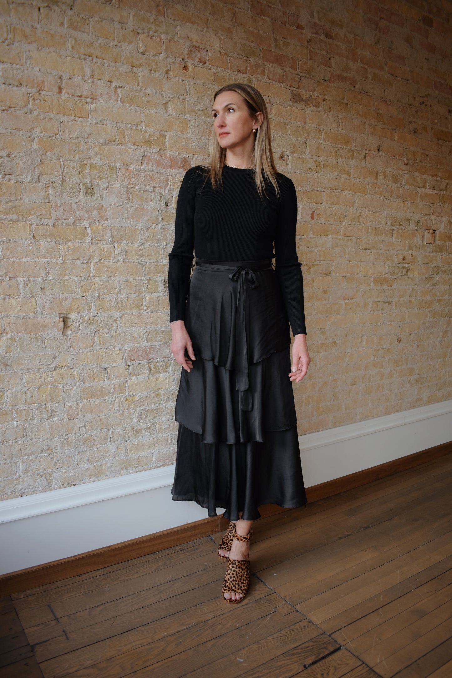 belted satin midi skirt