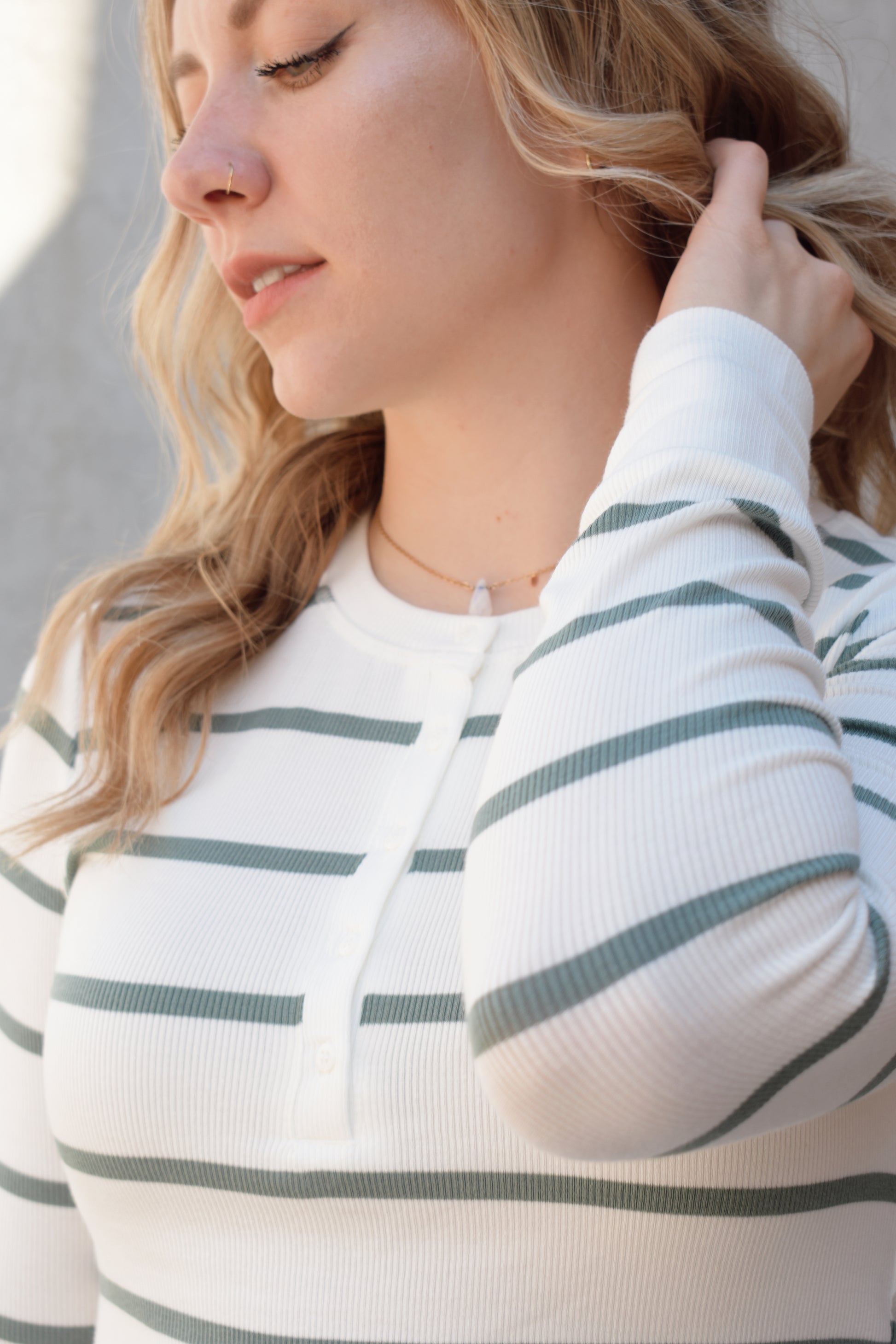 super lightweight long sleeve henley with horizontal stripes, white buttons, crew neck, stretchy and fitted, full length