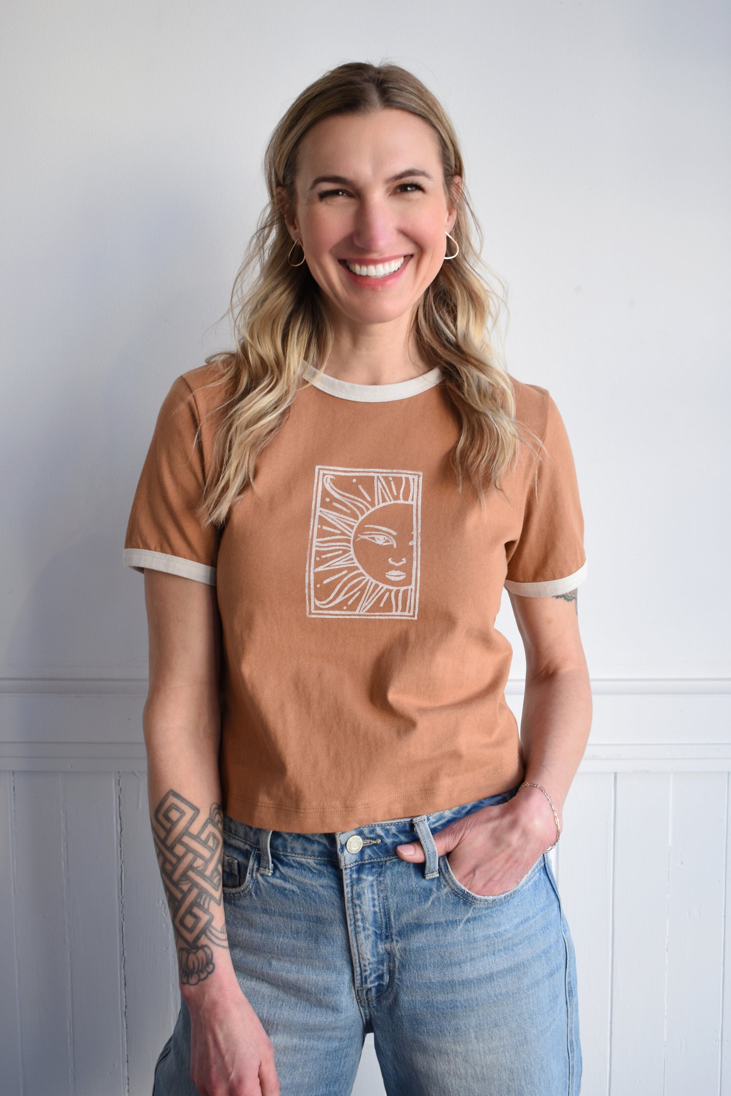 linocut print ringer tee
