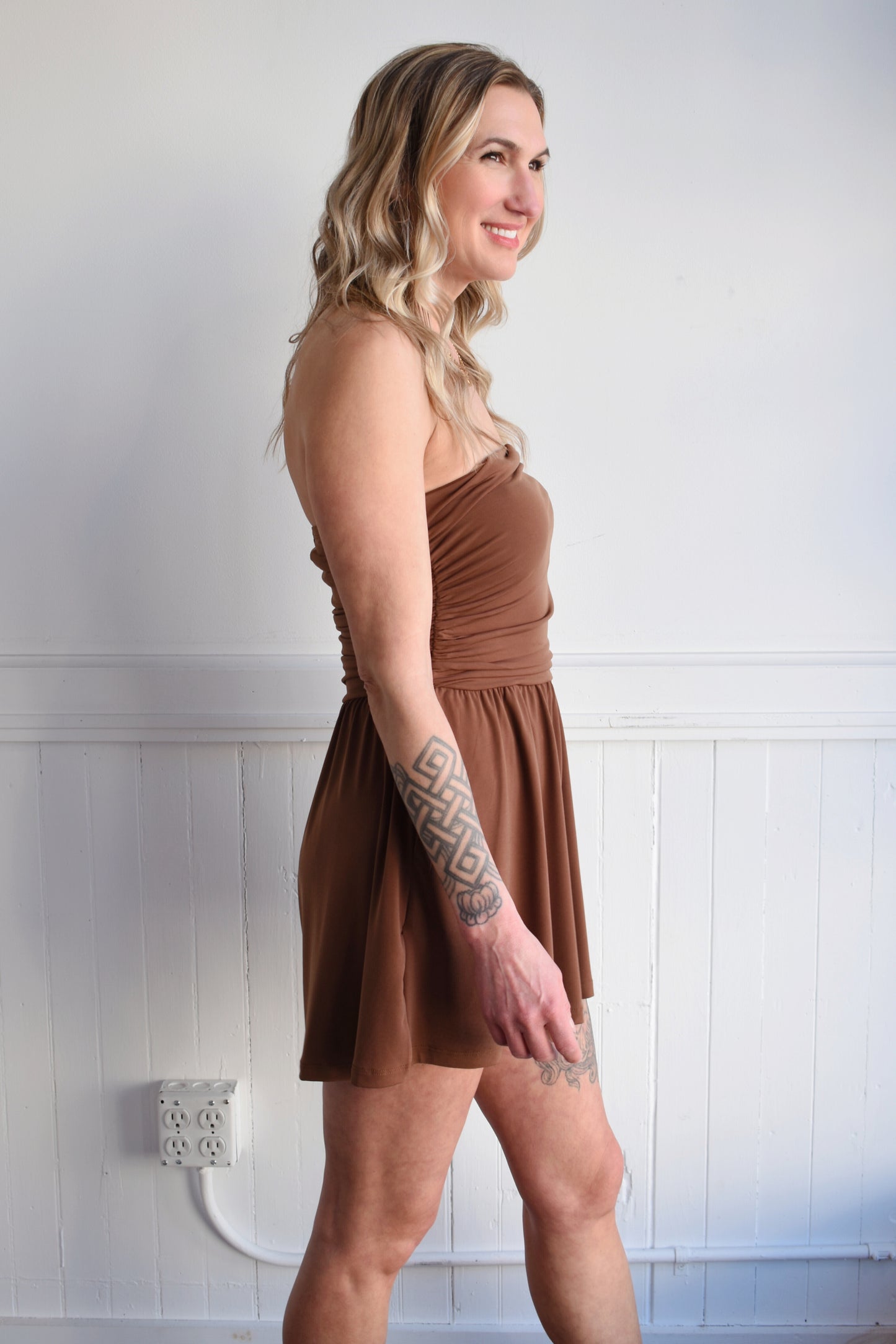 ruched strapless romper